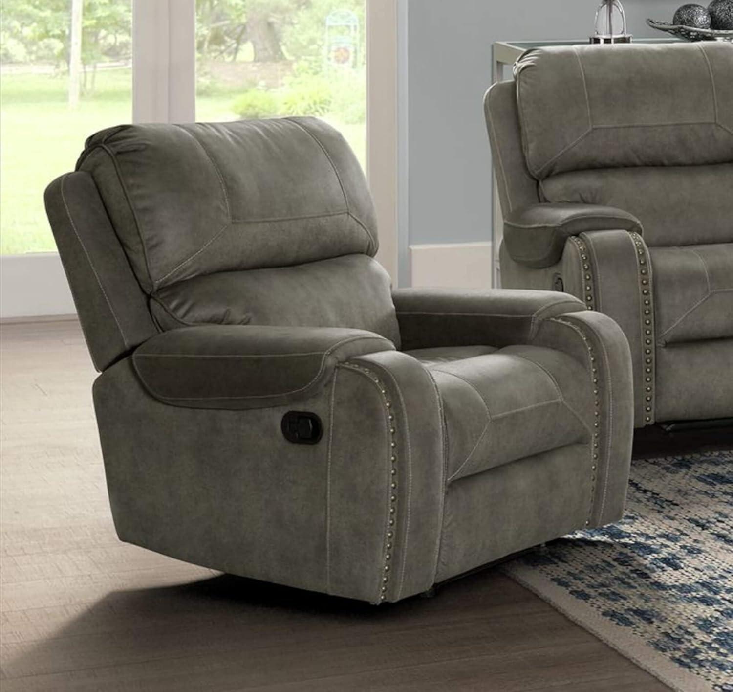 Calvin 41" Gray Fabric Recliner with Nailhead Trim