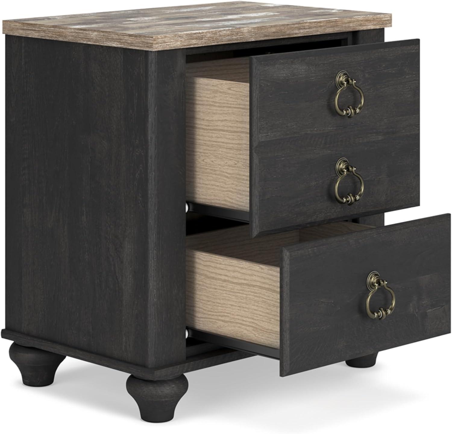 Beige and Black 2-Drawer Nightstand with USB Ports