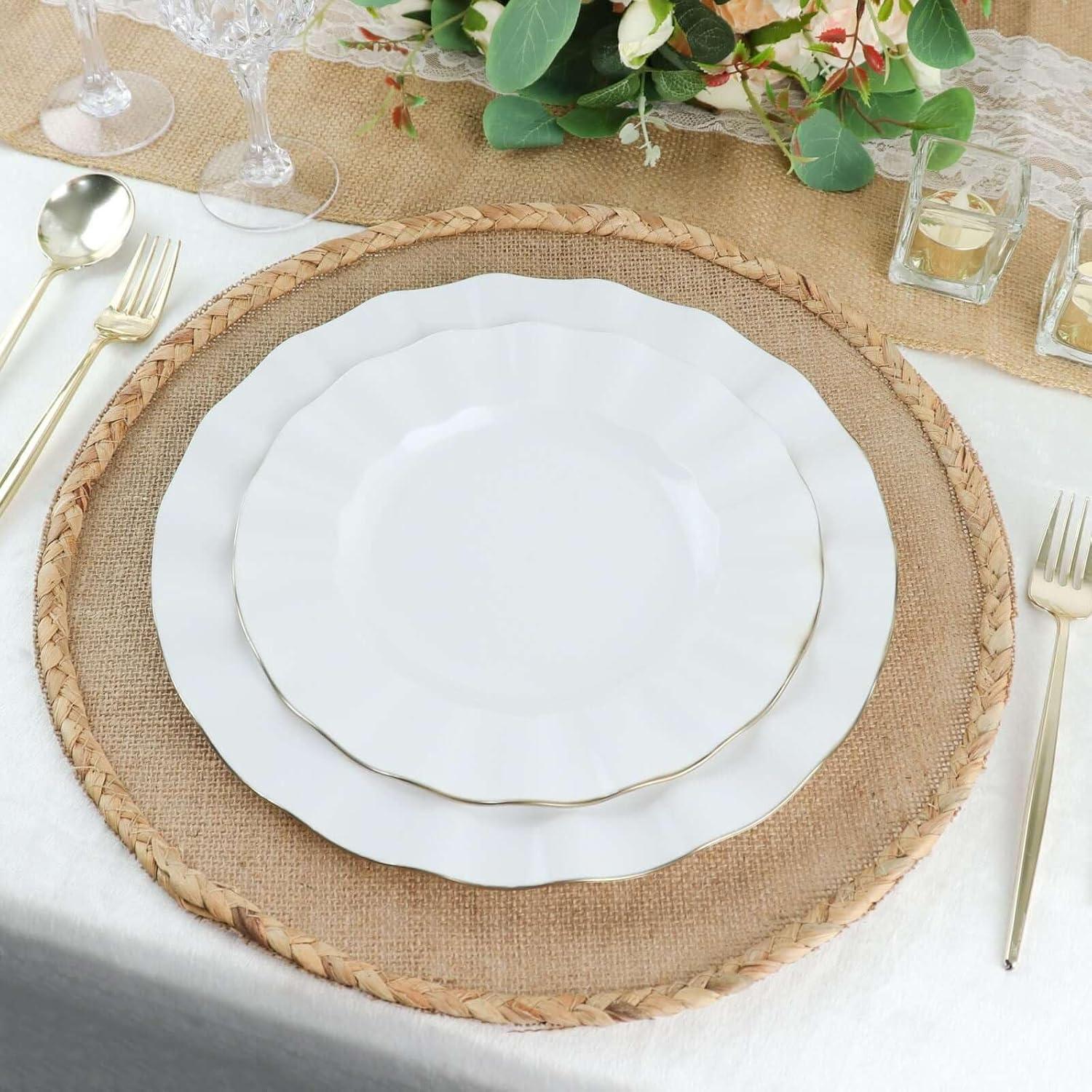 Efavormart 10 Pack | White 11" Round Plastic Dinner Plates, Disposable Tableware with Gold Wavy Rim for Wedding, Outdoor Receptions, Banquets, Holiday Dining