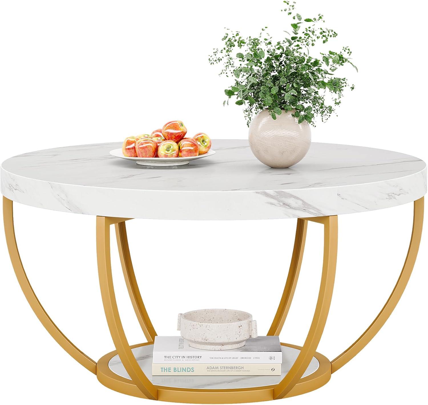 Kepooman Wooden Coffee Table, 2-Tier Round Central Cocktail Table with Shelves,White
