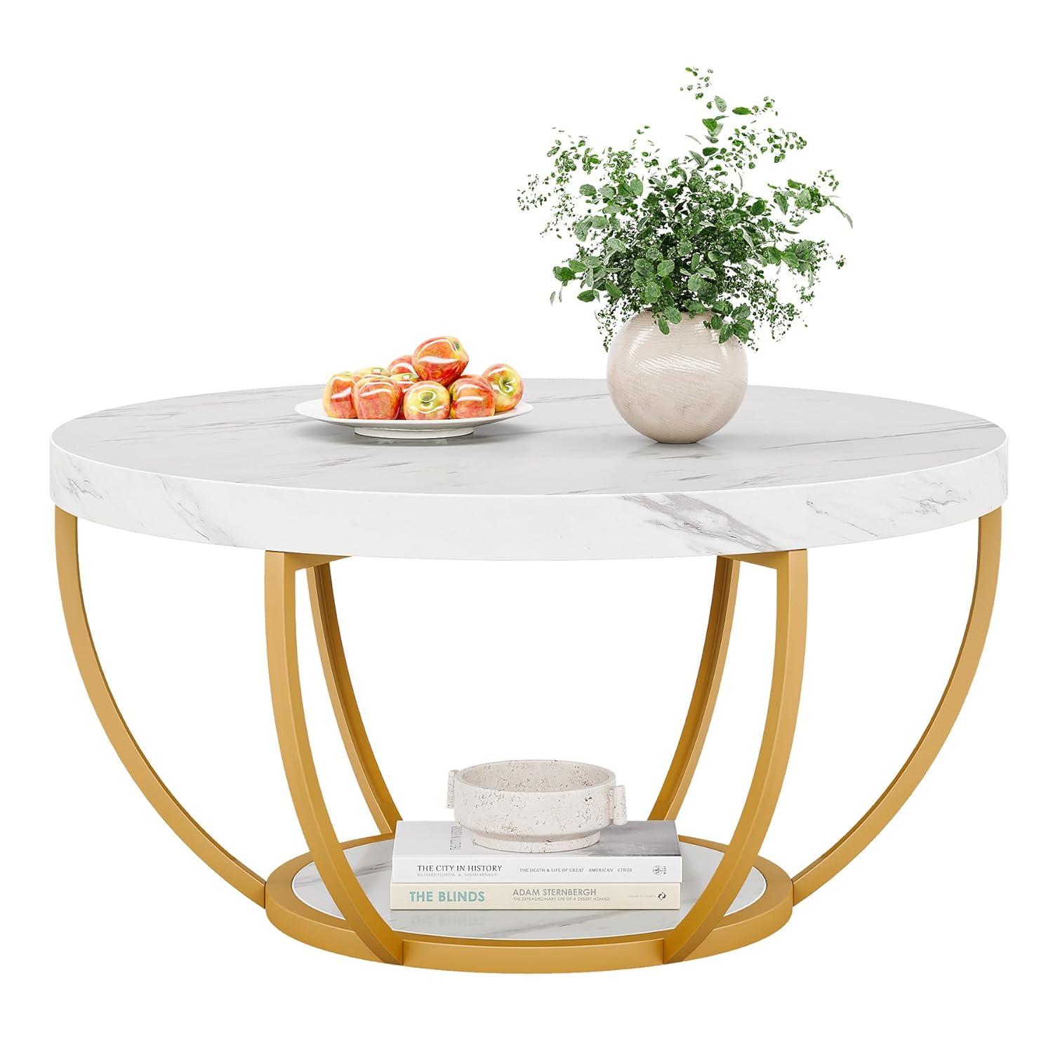 Kepooman Wooden Coffee Table, 2-Tier Round Central Cocktail Table with Shelves,White