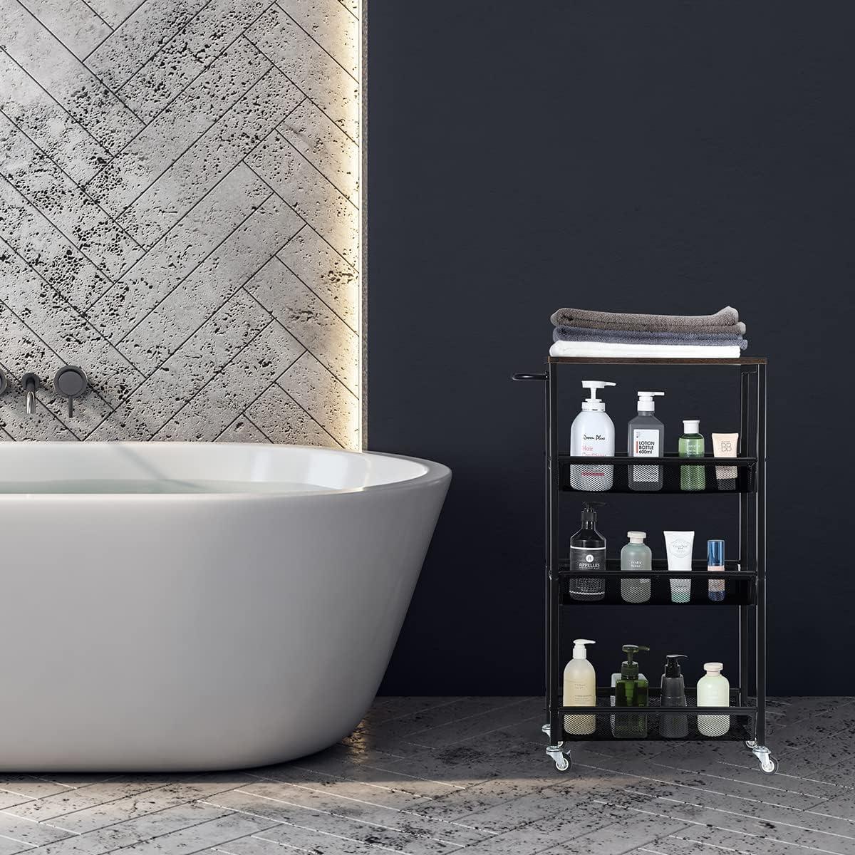 NANANARDOSO 4 Tier Slim Storage Cart, Shelving Unit for Small Space, Rolling Cart with Wooden Top and Metal Handle for Narrow Space on Kitchen, Bathroom, Laundry Room, Black.