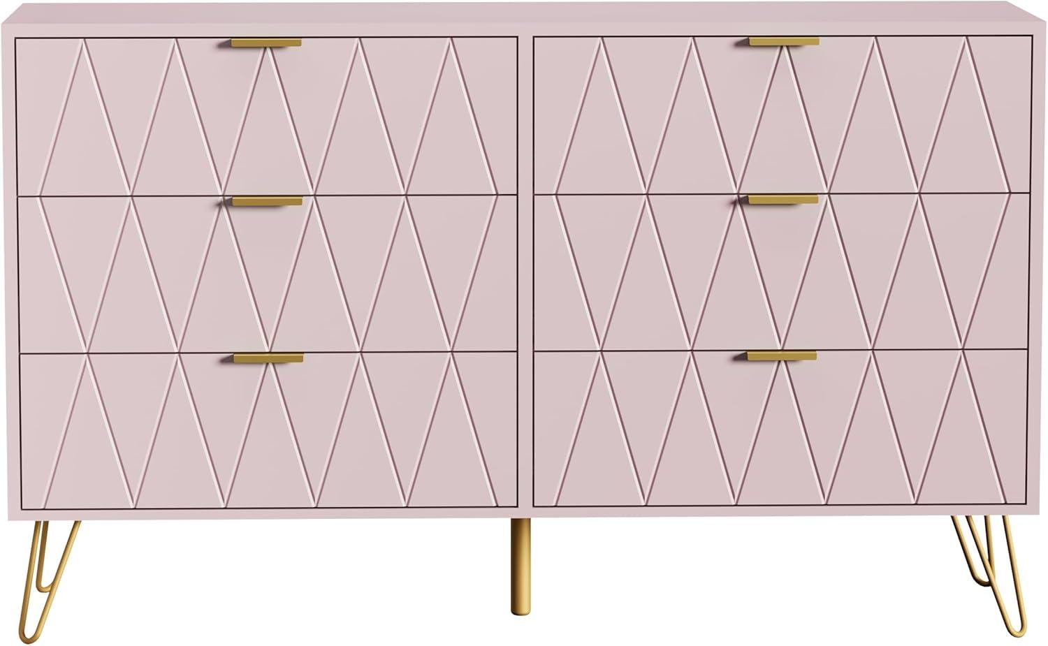 Large Pink Modern 6-Drawer Dresser with Gold Handles