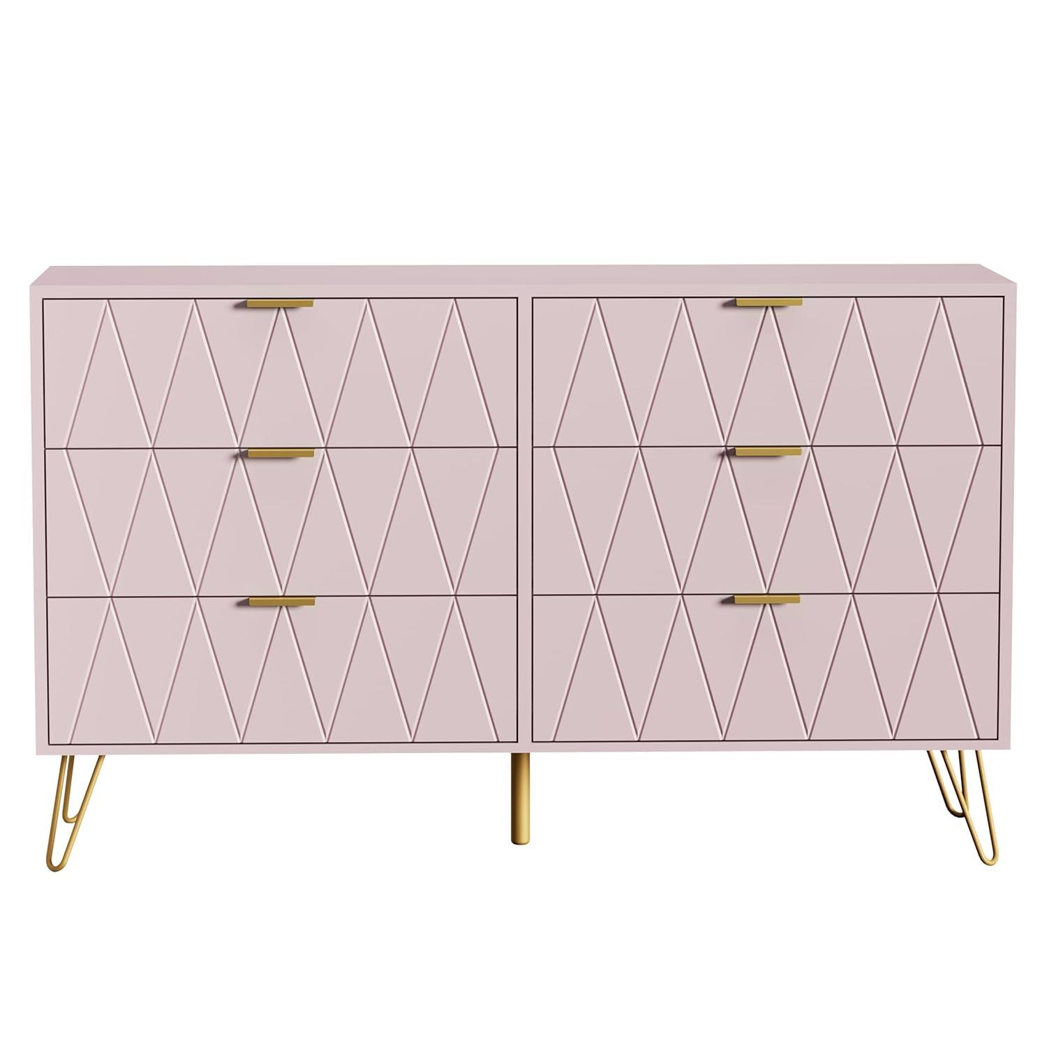 UEV 6 Drawer Dresser for Bedroom,Pink Dresser with Wide Drawers and Metal Handles,Modern Chest for Bedroom,Living Room,Entryway(Large Pink)