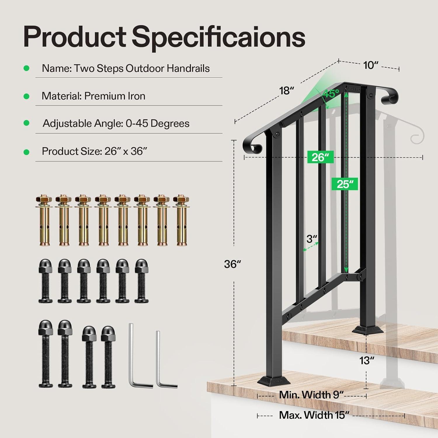 VIVOSUN Outdoor Iron Stair Handrail with Curved Ends and Balusters