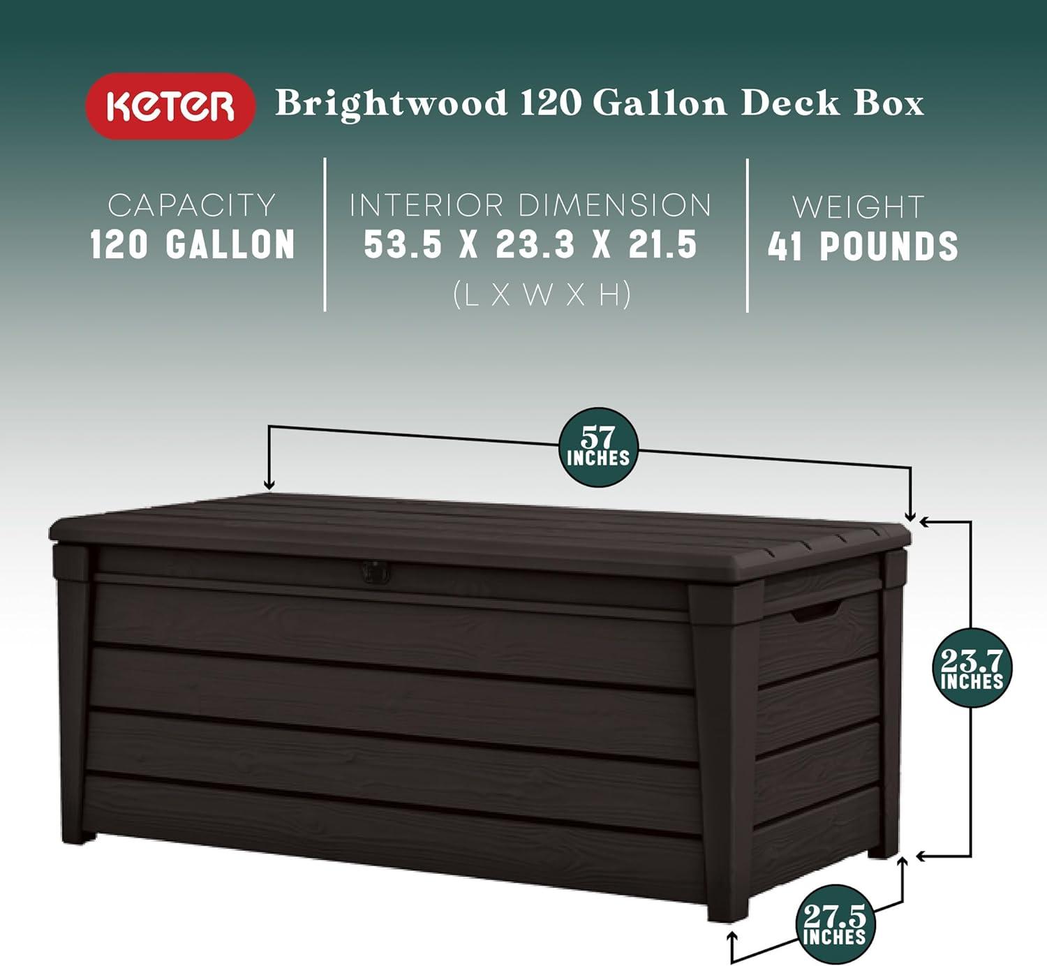 Keter Keter Brightwood 120 Gallon Large Durable Outdoor Storage and Weather Resistant Resin Deck Box