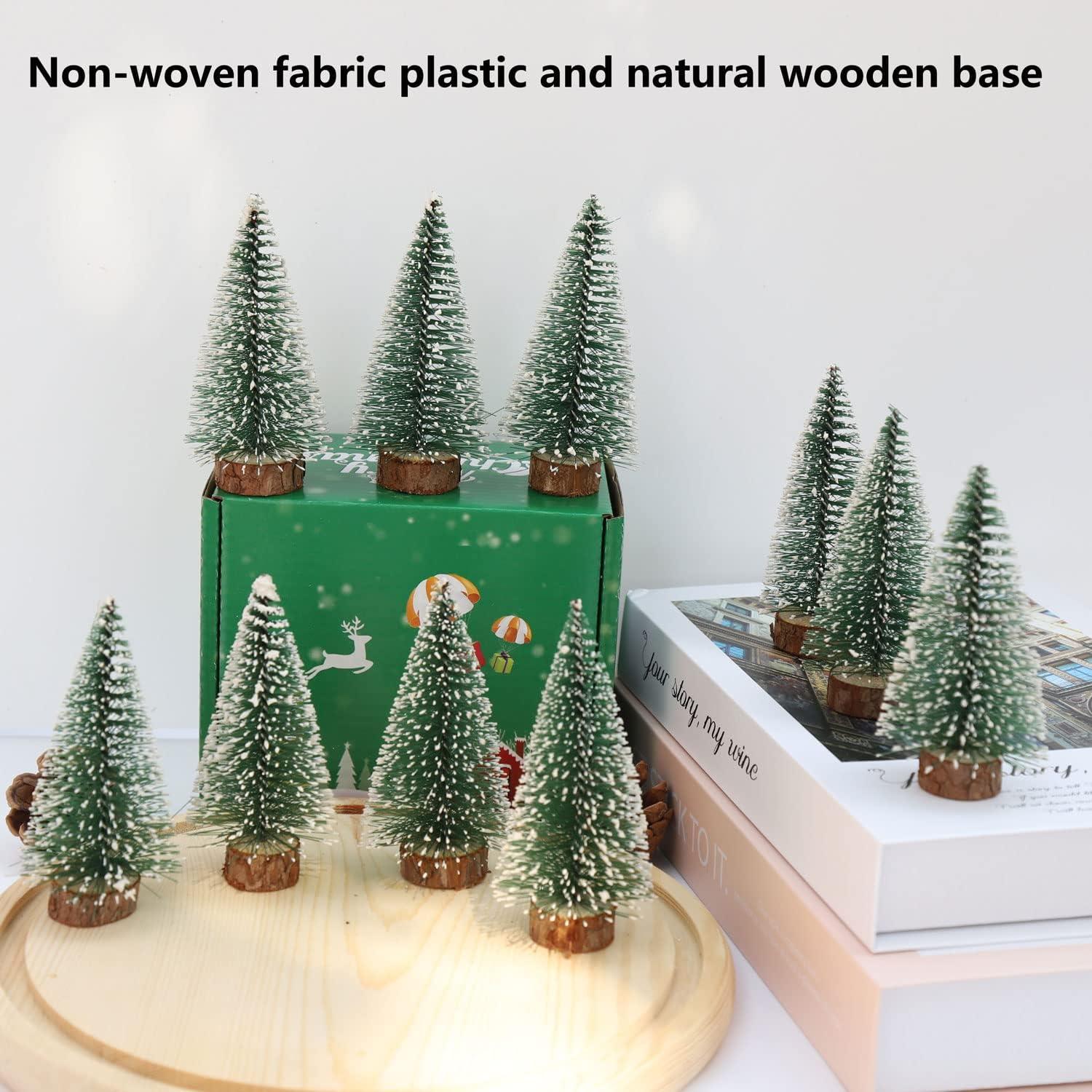 Mini Green Plastic Tabletop Christmas Trees with Wooden Base, 4-inch, Set of 10