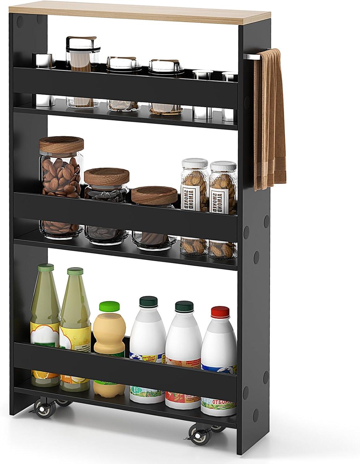 Costway Rolling Kitchen Slim Storage Cart Mobile Shelving Organizer with Handle Black