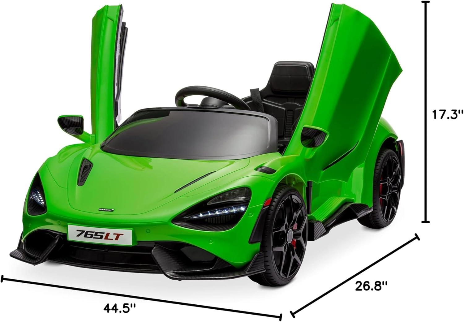 Kidzone 12V Licensed McLaren 765LT Kids Ride On Sports Car Electric Vehicle Vehicles with 2 Speeds, Parent Control, Smooth Start, Suspension, Hydraulic Doors & Hidden Training Wheels - Green