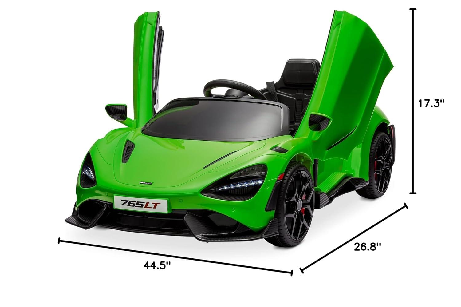 Kidzone 12V Licensed McLaren 765LT Kids Ride On Sports Car Electric Vehicle Vehicles with 2 Speeds, Parent Control, Smooth Start, Suspension, Hydraulic Doors & Hidden Training Wheels - Green