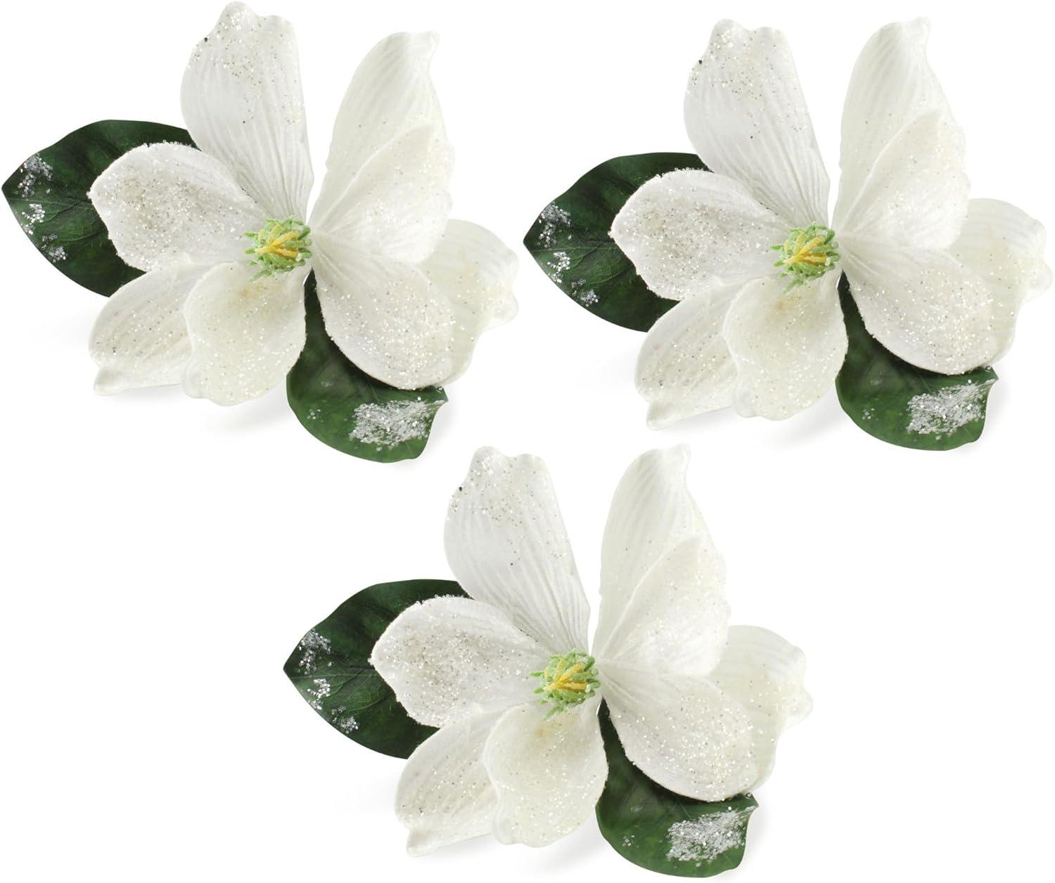 White Glitter Magnolia Floral Picks for Christmas Decor, Set of 3