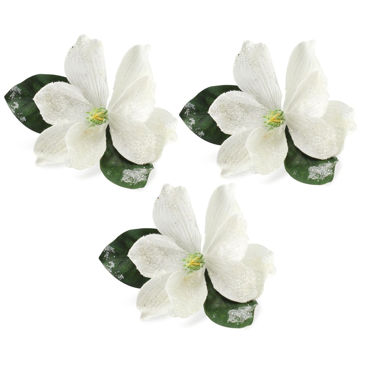 AuldHome Design Magnolia White Floral Picks, 3pk; Artificial Magnolia Greenery Flowers for Christmas and Seasonal Decor