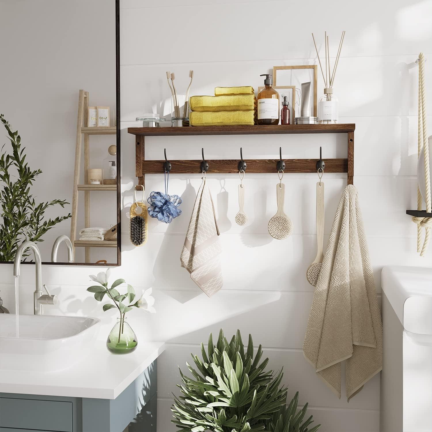 AMBIRD 28.9 Inch Length Shelf with Hooks Entryway Coat Rack Wall Mount Wood Coat Hooks with Shelf Wall-Mounted Coat Hook Rack with 5 Dual Hooks for Bathroom, Living Room, Bedroom (Brown)