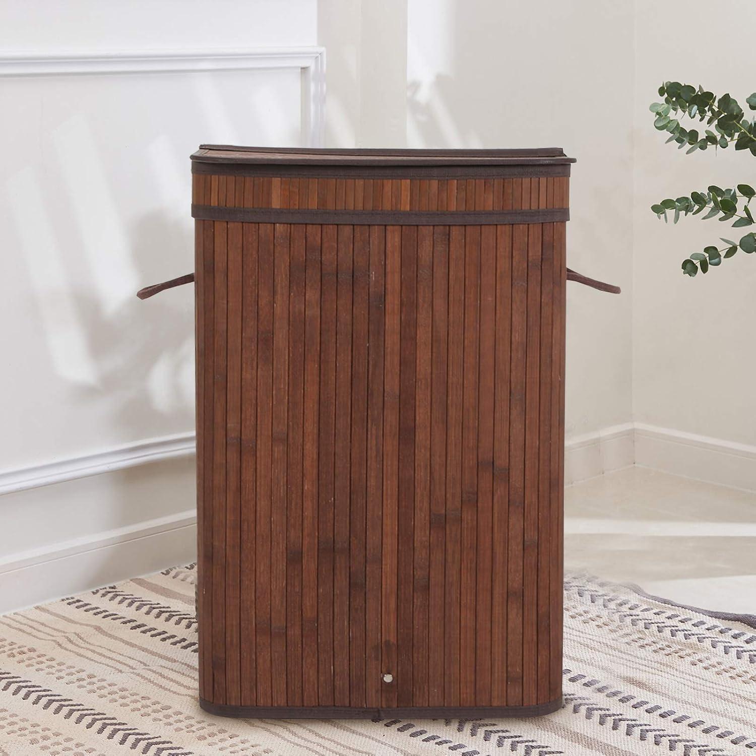 Dark Brown Bamboo Upright Laundry Hamper with Lid