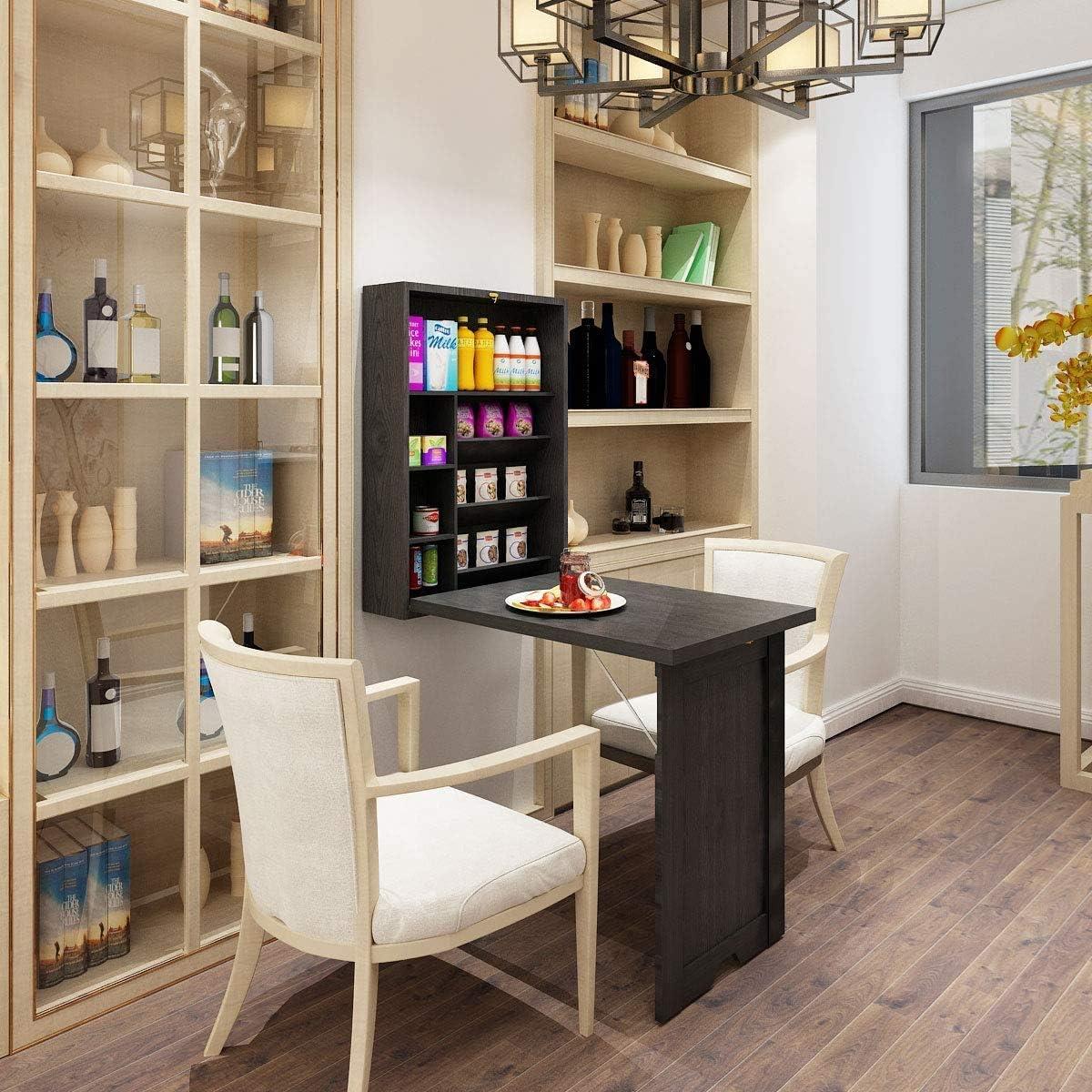 Nightcore Wall Mounted Table w/Classified Storage Space, Foldable Multiple-Purpose, Floating Convertible Desk/Cabinet for Apartment, Narrow Place and Room, Black