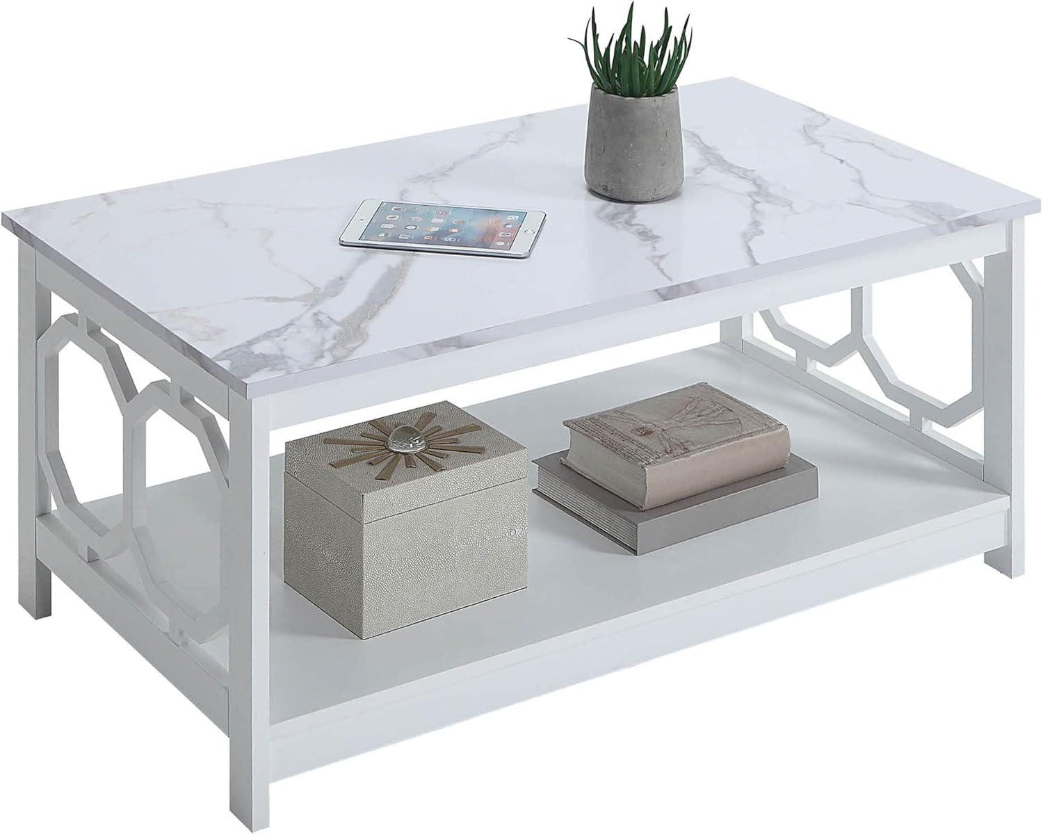 Convenience Concepts Omega Coffee Table with Shelf, White Faux Marble/White