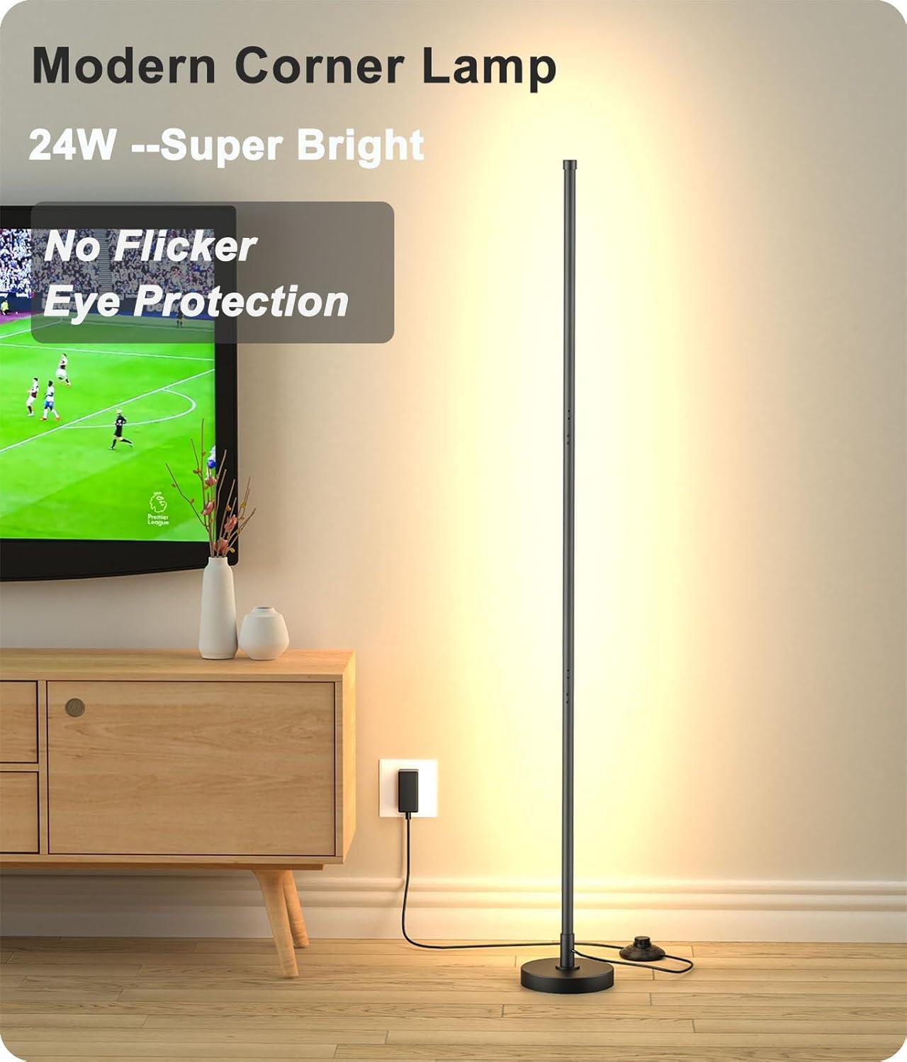 Corner Floor Lamp, Minimalist LED Floor Lamp with Remote Control, Dimmable Corner Light,Floor Lamps for Living Room, Bedroom, Home Office, 7 Color Temperature 3000K-6000K (Black, 1 Pack)