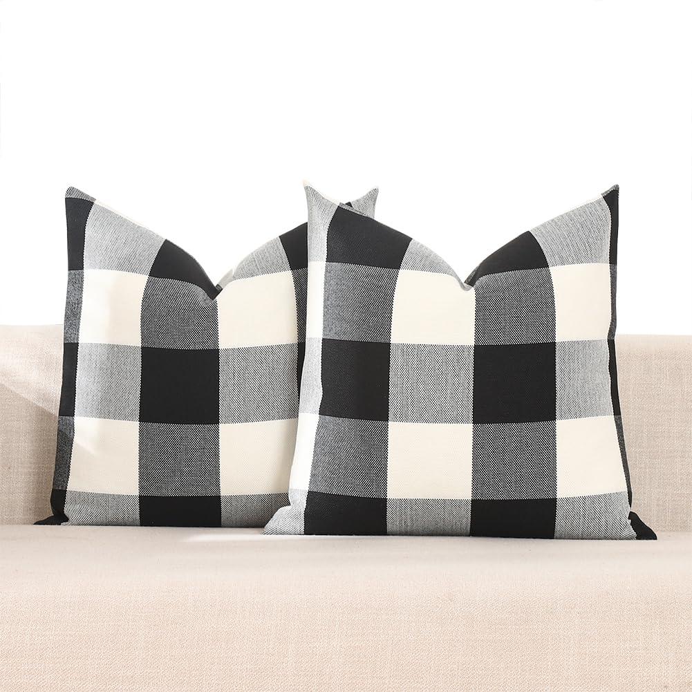 CARRIE HOME Buffalo Plaid Pillow Covers 18x18 Set of 2 Black and White Outdoor Throw Pillows Black Buffalo Check Pillow Covers Farmhouse Decor for Couch Sofa and Bed