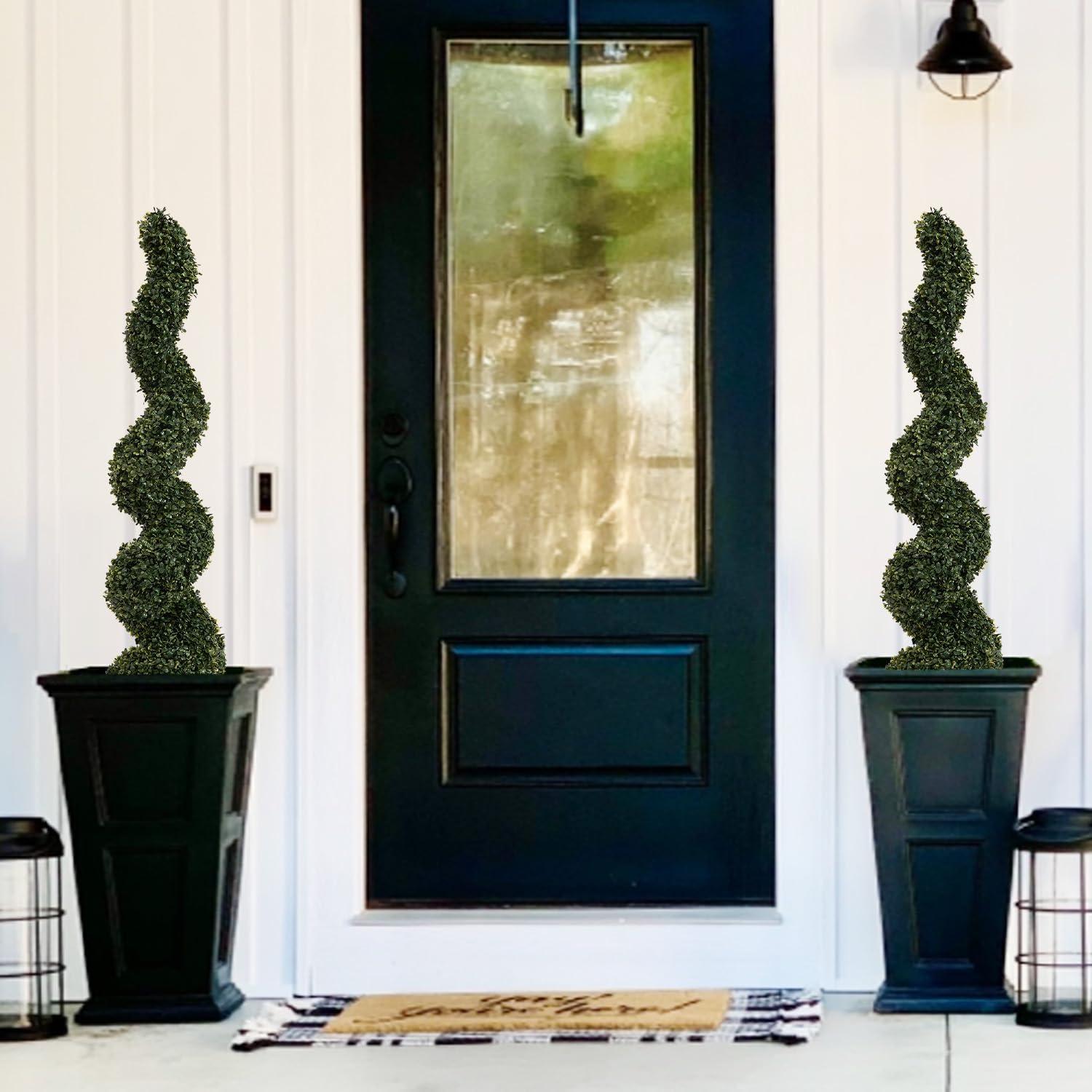 Goplus 4FT Artificial Spiral Boxwood Topiary Tree, 2 Pack Greenery Large Faux Plant in Cement-Filled Plastic Pot, Tall Fake Plant for Indoor Outdoor Home Front Porch Decor