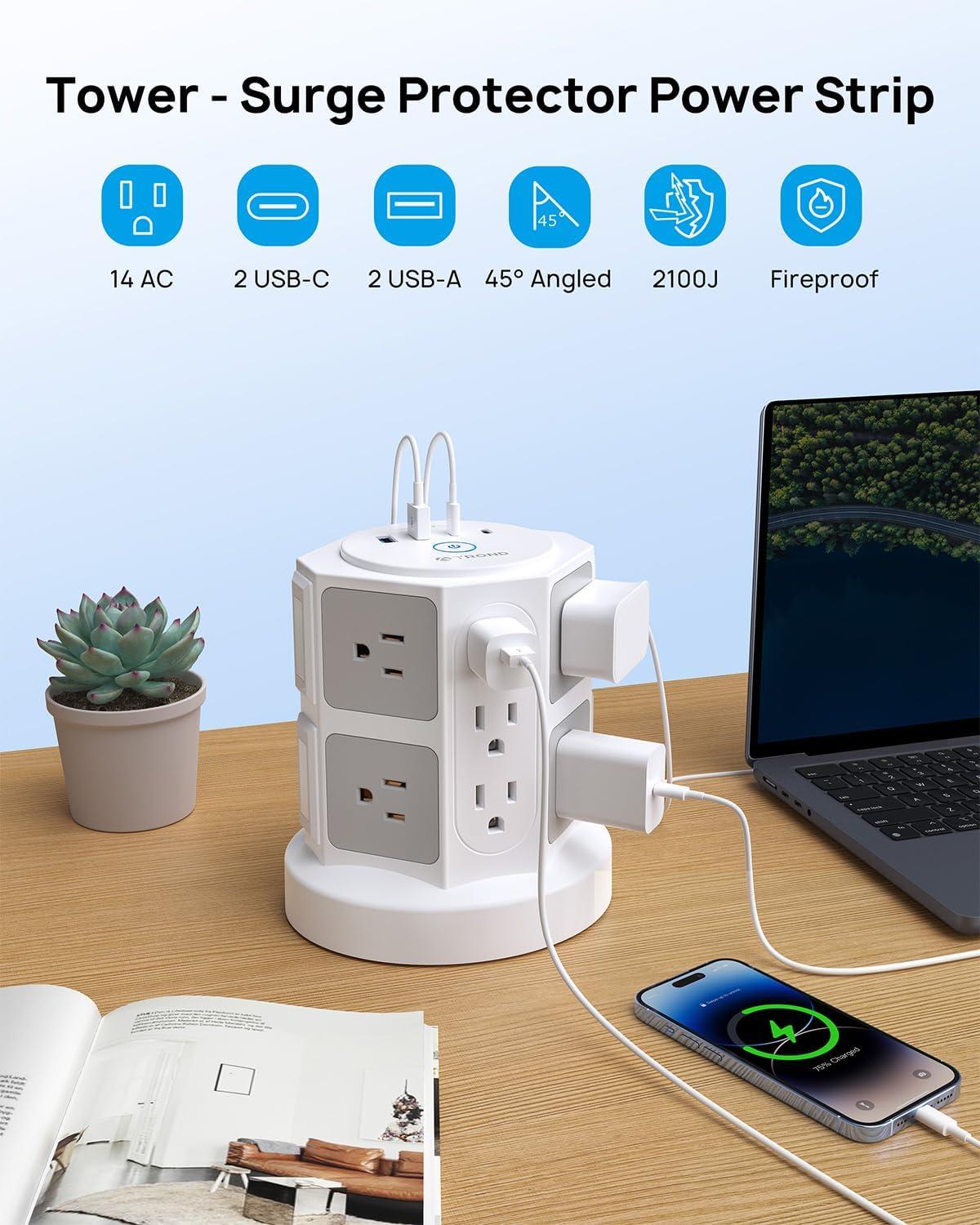 TROND Surge Protector Power Strip Tower with USB C, 6ft Long Extension Cord for 4 USB (1-USB C) and 14 AC Multiple Outlets for Home Office Dorm Room