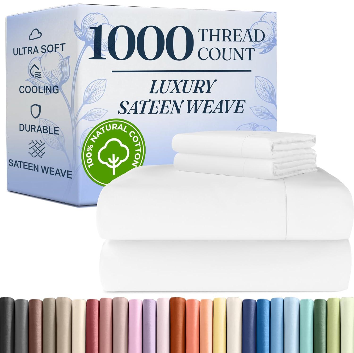 CGK Linens Luxury 1000 Thread Count 4 Piece Sheet Set - Soft & Premium 100% Cotton Sateen in Cream, Size Full