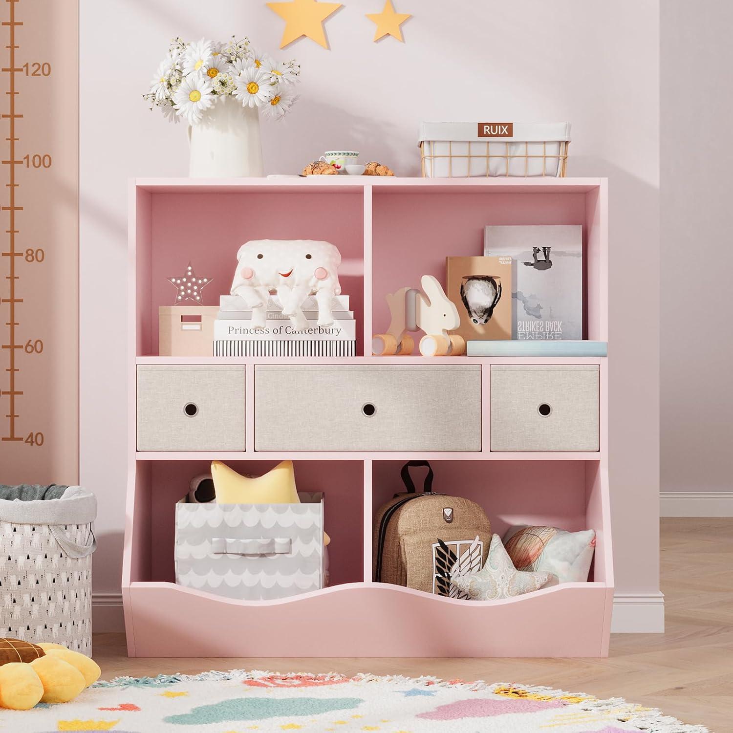 3-Tier Kids Bookshelf, Toy Storage Organizer with 3 Drawers,Wooden Bookcase with Large Toy Storage Cabinet for Playroom