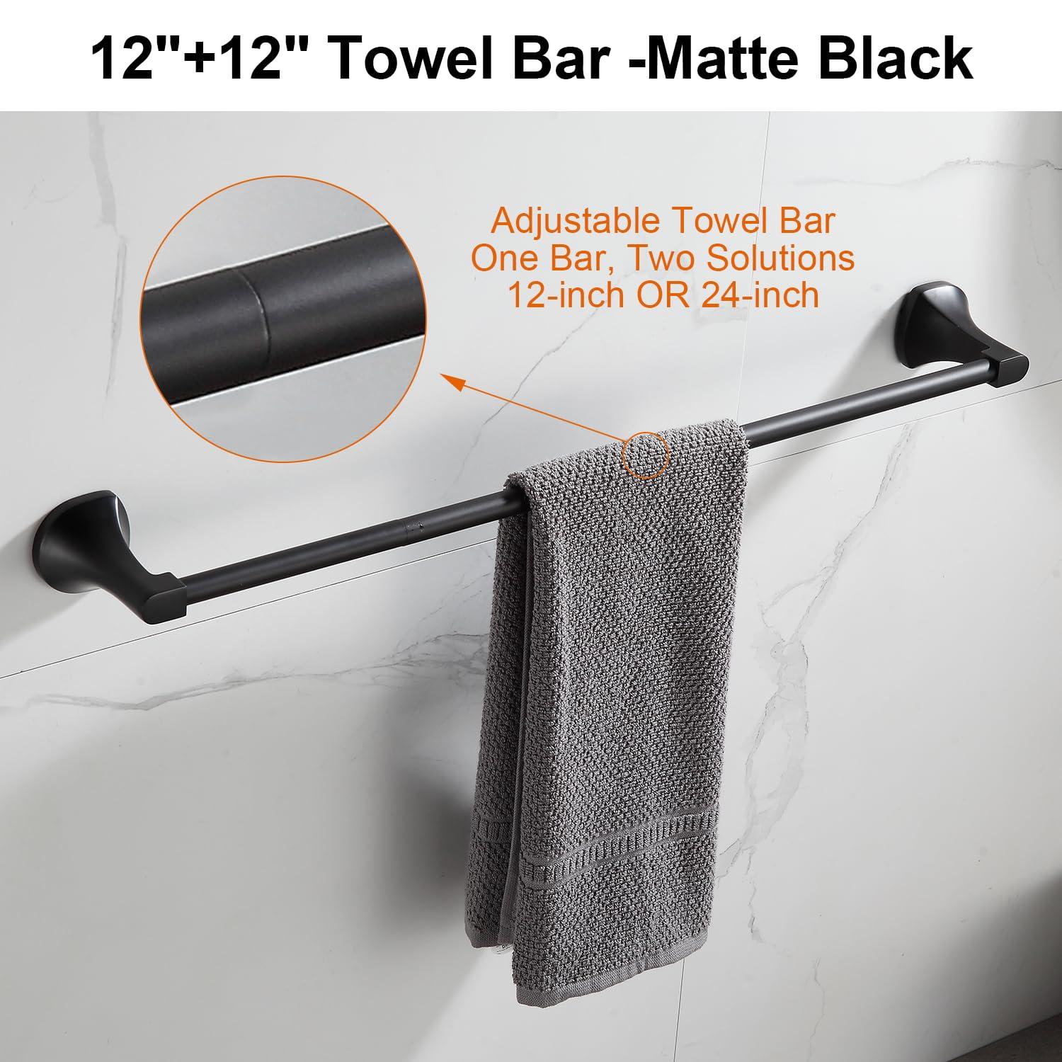 BGL Bathroom Hardware Set Matte Black Adjustable Expandable Towel Bar 4-Piece Bathroom Accessory Set Wall Mounted Robe Hook Toilet Paper Holder Towel Ring Towel Bar