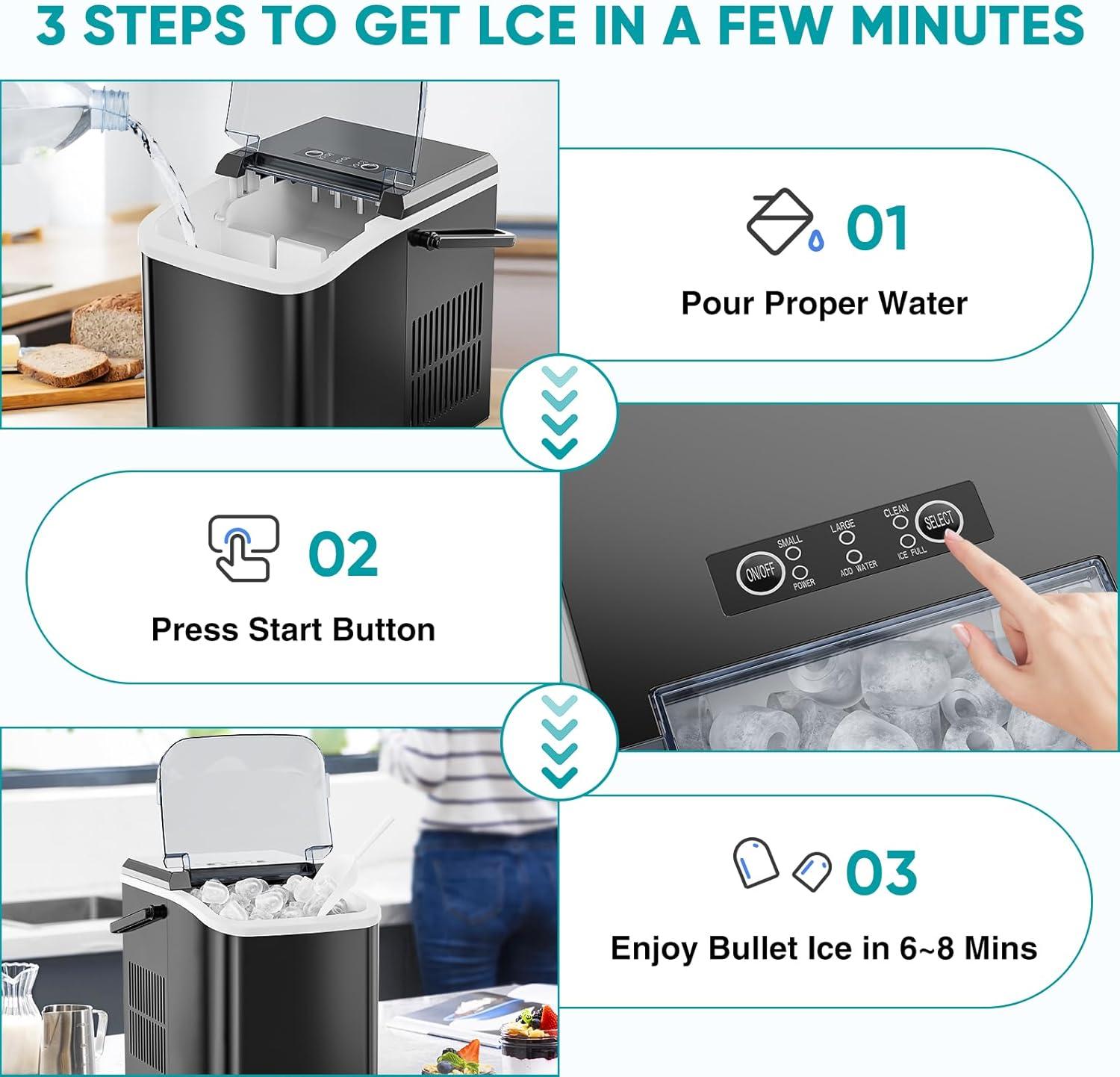 Ice Maker, 9Pcs/6Min, Self-Cleaning Portable Ice Maker Machine, 40 db quieter processing, 26Lbs/24H with Ice Scoop and Handle, 2 Sizes Bullet Cubes Makers, Black