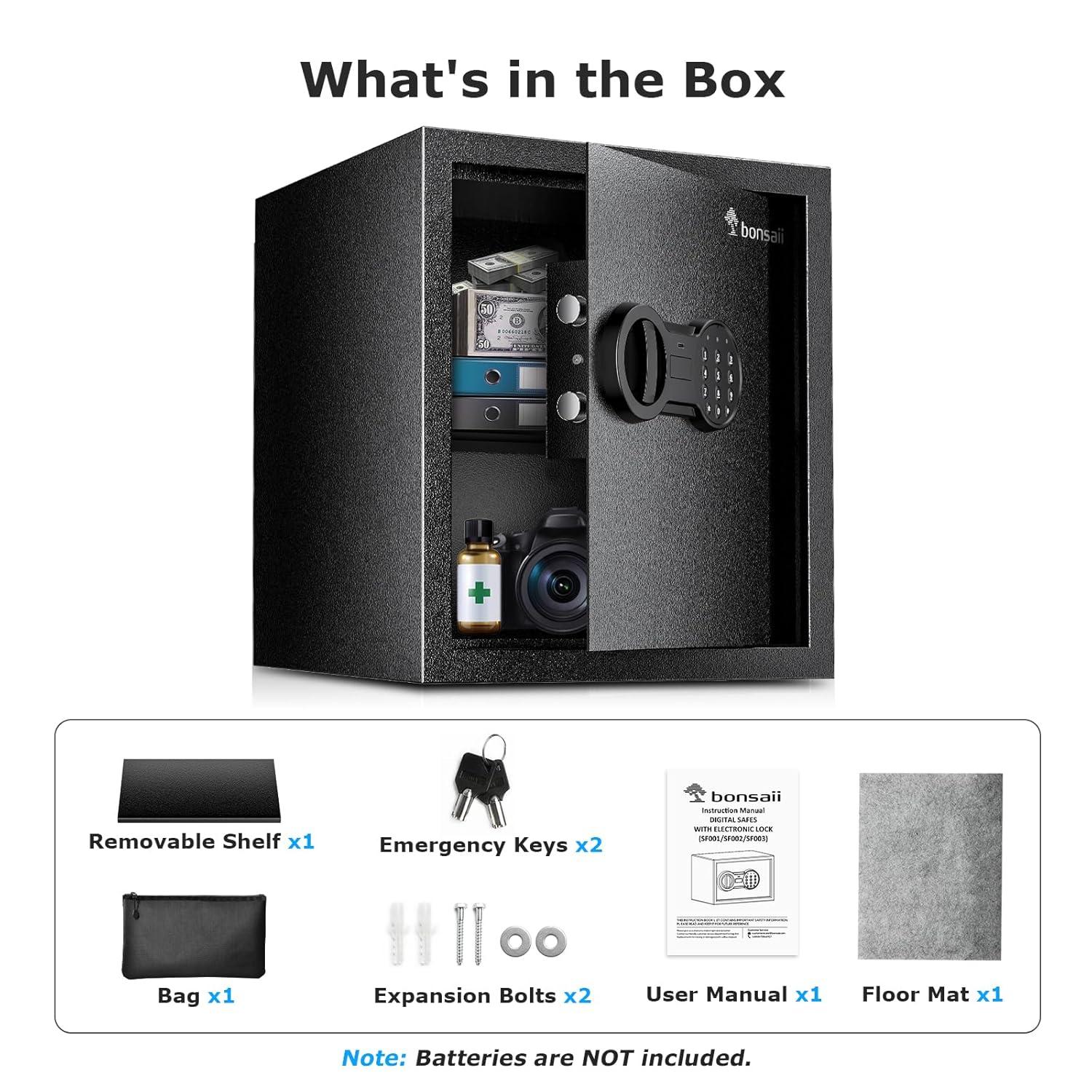 Bonsaii Safe Box with Bag, 1.28 Cubic Feet Capacity with Digital Keypad Lock, Removable Shelf for Documents, Money, Medicines, Valuables