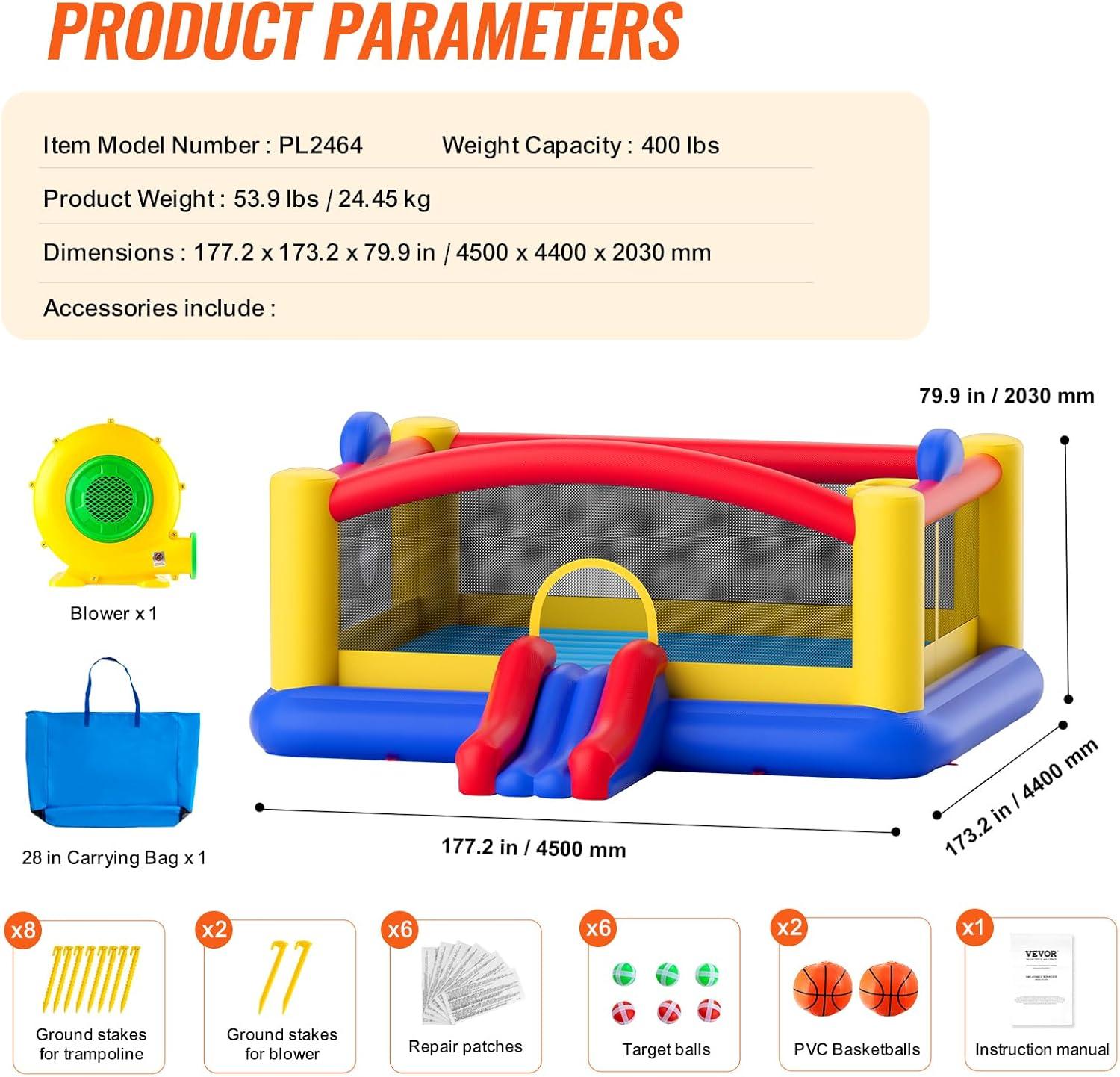 Large Multicolor Inflatable Bounce House with Slide and Basketball Hoop