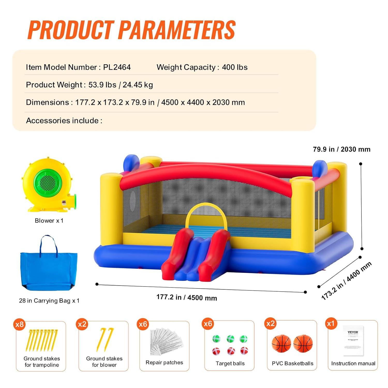 VEVOR Commercial Bounce House, Outdoor Playhouse Trampoline, Bounce House for Big Kids 8-12, with Slide, Blower and Storage Bag, Kids Toys for Birthday Party Public Park Backyard, 177x173x80 inch
