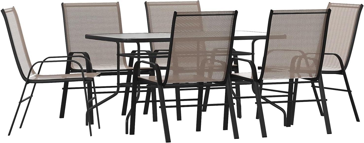 Flash Furniture Brazos Series 7-Piece Outdoor Rippled Glass Patio Table Set with 6 Chairs, Brown
