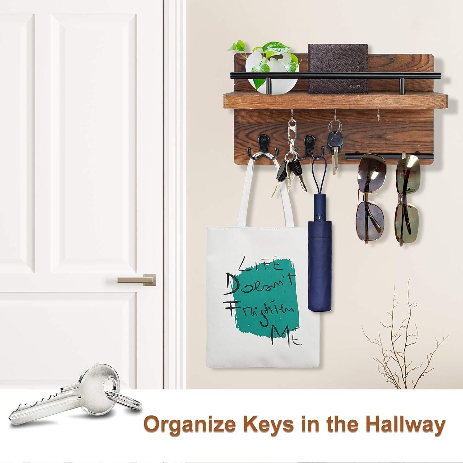 MAXAYA Mail Key Holder For Wall Decorative, Wooden Mail Organizer Wall Mount With 5 Key Hooks, Wood Key Hangers For Wall With Mail Key Rack, Rustic Mail Sorter For Entryway Office Hallway Home Decor