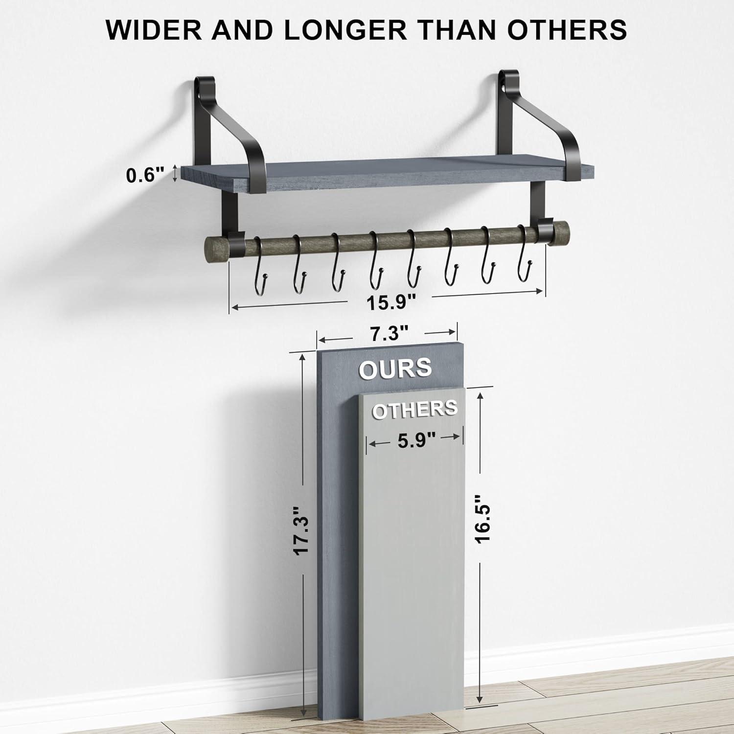 Love-KANKEI Wall Shelf for Storage Rustic Wood Kitchen Spice Rack with Towel Bar and 8 Removable Hooks for Organize Cooking Utensils or Mugs Floating Shelf Weathered Grey