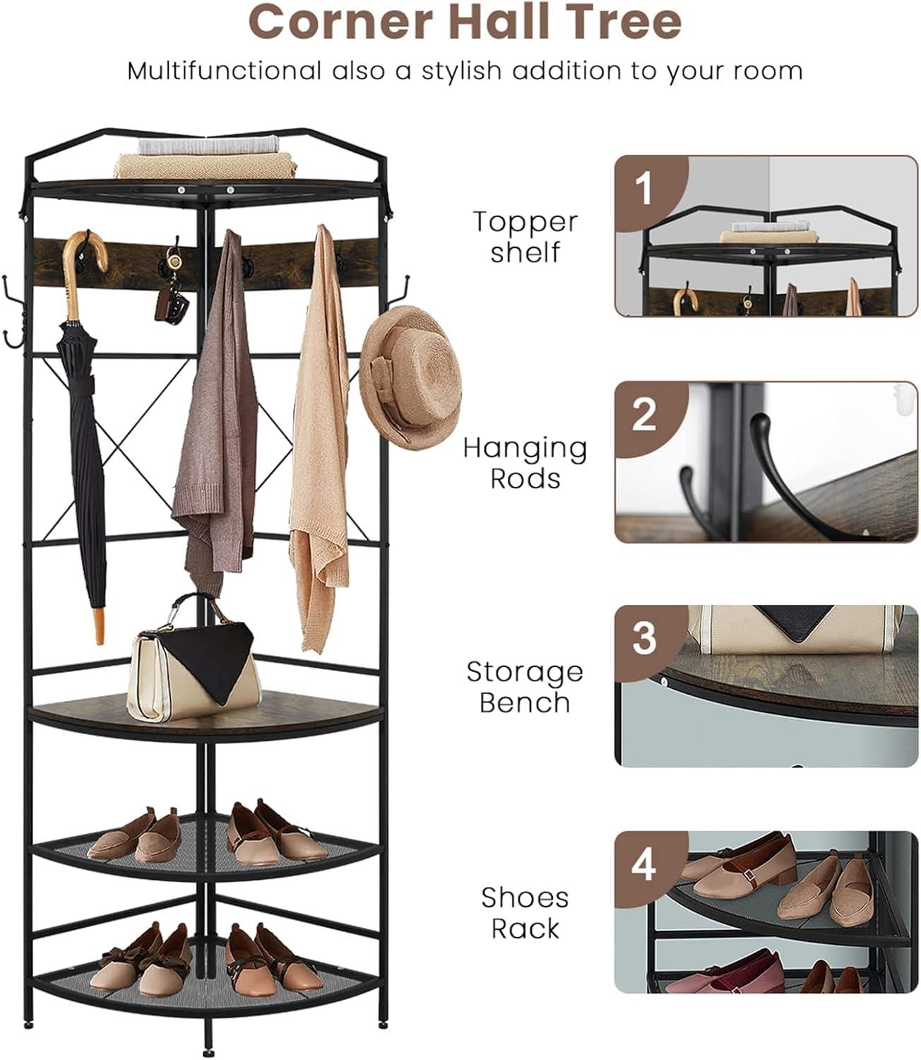 4-Tier Corner Coat Rack with Shoe Storage, Entryway Hall Tree with Bench and Hooks, Wooden Corner Clothes Rack Shoe Shelf Organizer for Home