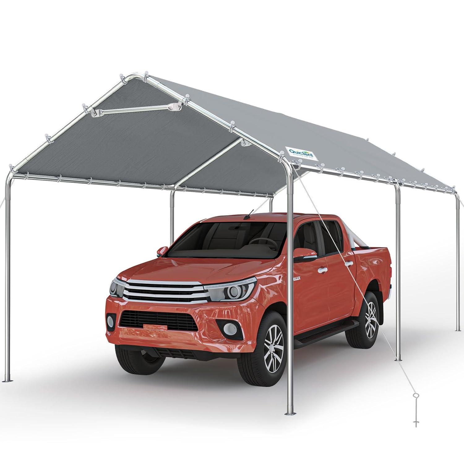 Quictent 10x20 ft Heavy Duty Carport Canopy Galvanized Car Tent Outdoor Garage Boat Shelter with Reinforced Structure, No Sidewall - Grey