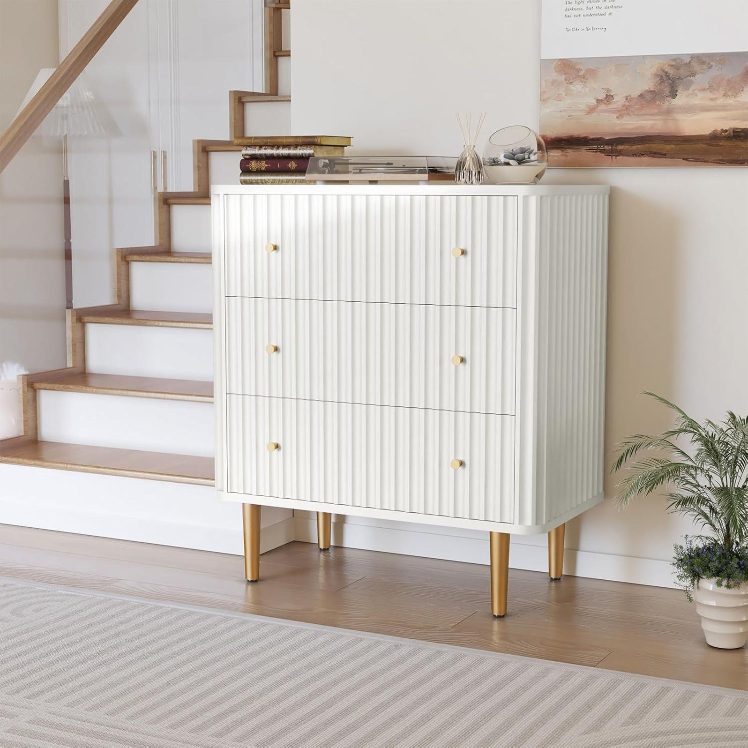 White Fluted 3-Drawer MDF Dresser with Gold Accents