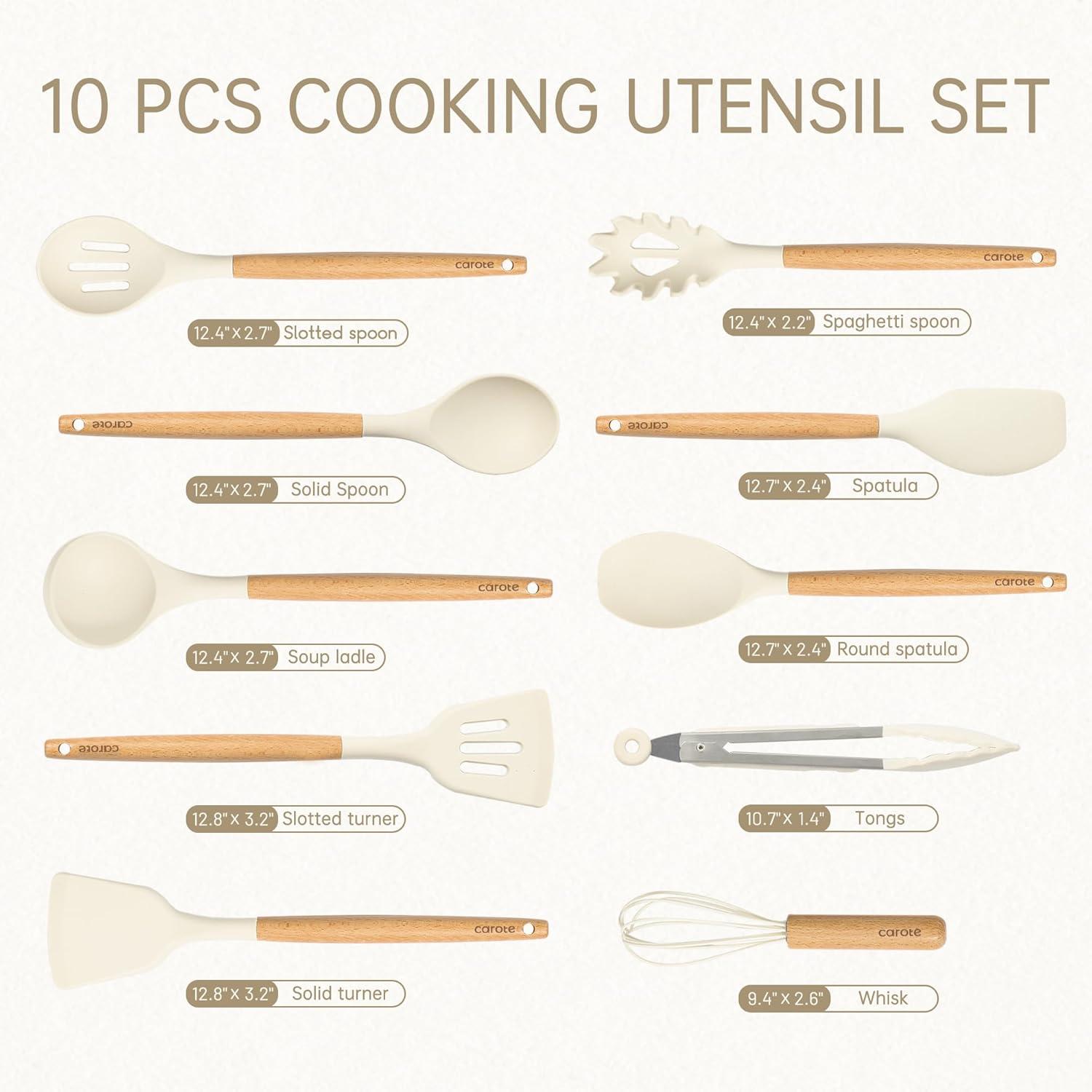 CAROTE 10 Pcs Silicone Cooking Utensils Set for Kitchen with Wooden Handle