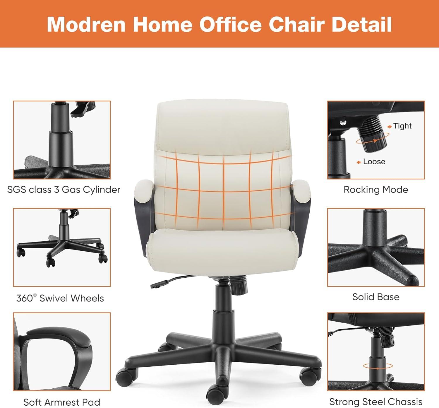 Executive Office Chair with Padded Armrests Adjustable Height, 360-Degree Swivel, Lumbar Support, PU Leather, Cream