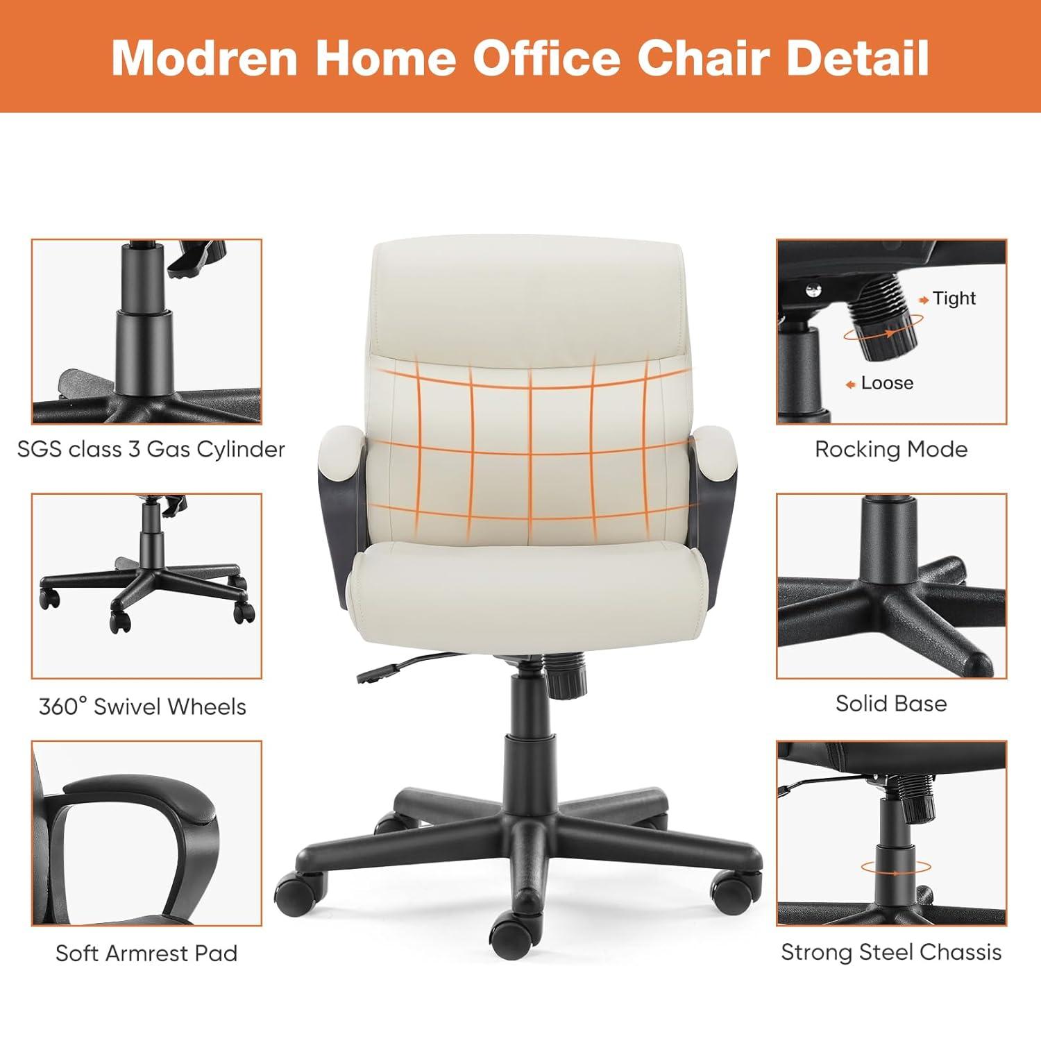 Executive Office Chair with Padded Armrests Adjustable Height, 360-Degree Swivel, Lumbar Support, PU Leather, Cream
