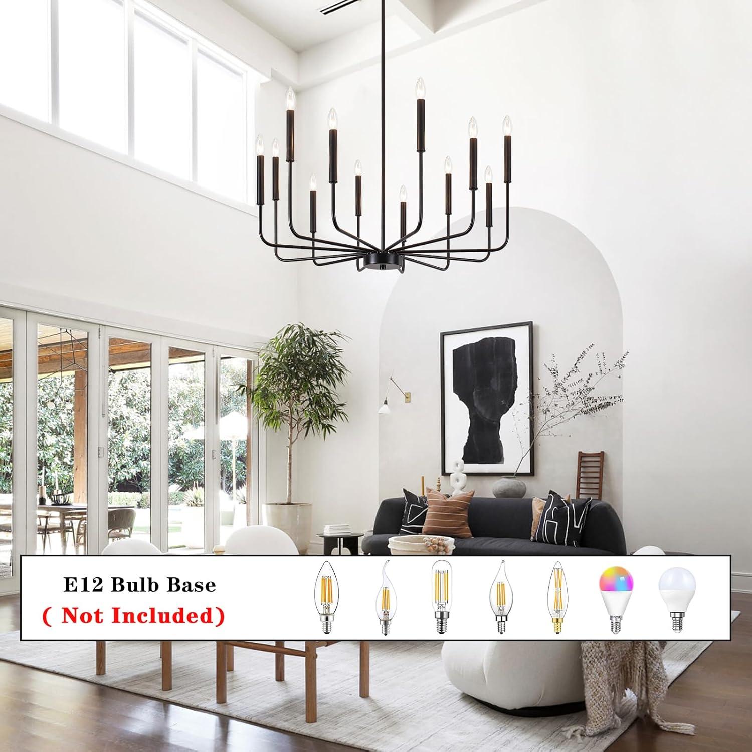 Vikaey Metal Black Chandelier, 12-Light Farmhouse Classic Candle Ceiling Hanging Light Fixture, Rustic Pendant Lighting for Kitchen Island, Dining Room, Living Room, Stair, UL Listed