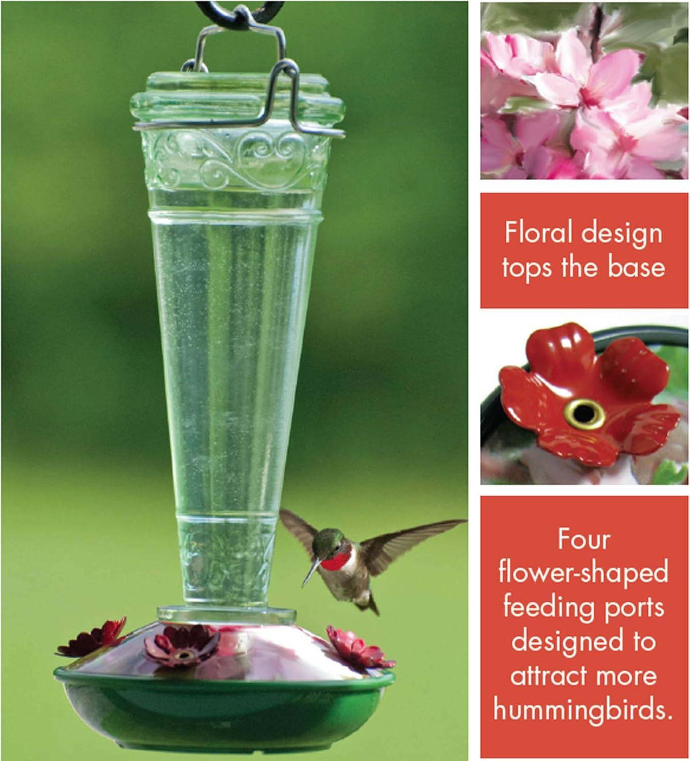 Green Glass and Metal Hummingbird Nectar Feeder, 8 oz