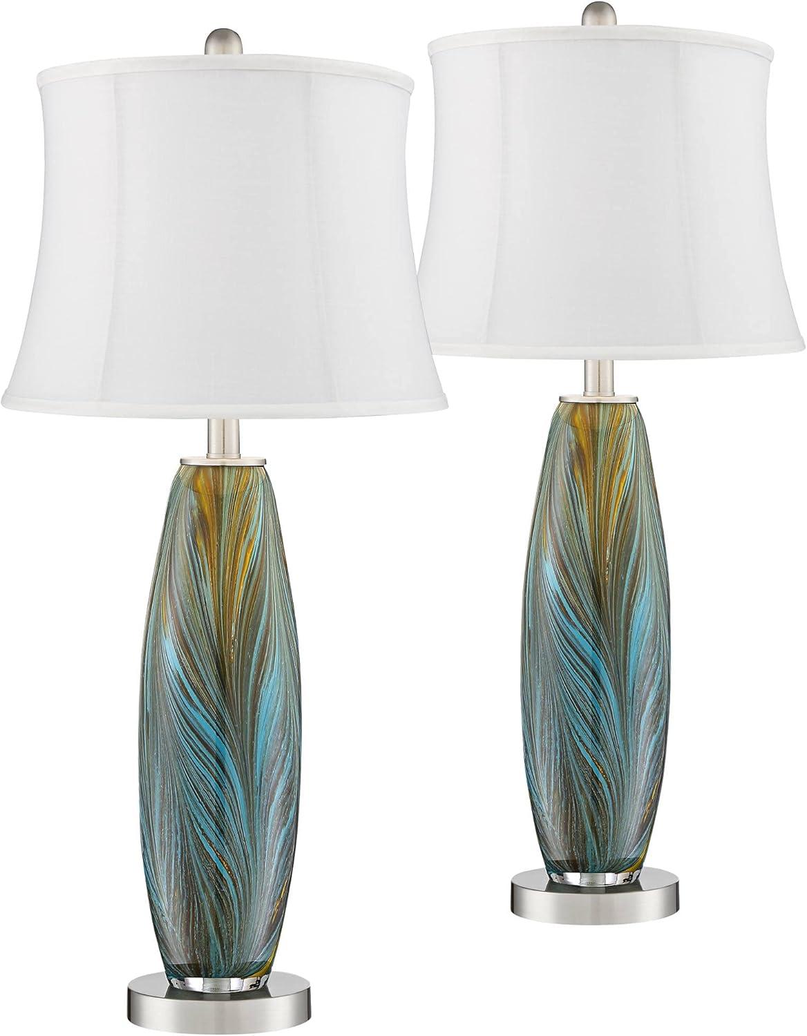 Azure Blue and Brown Art Glass Table Lamps with Brushed Nickel Base, Set of 2