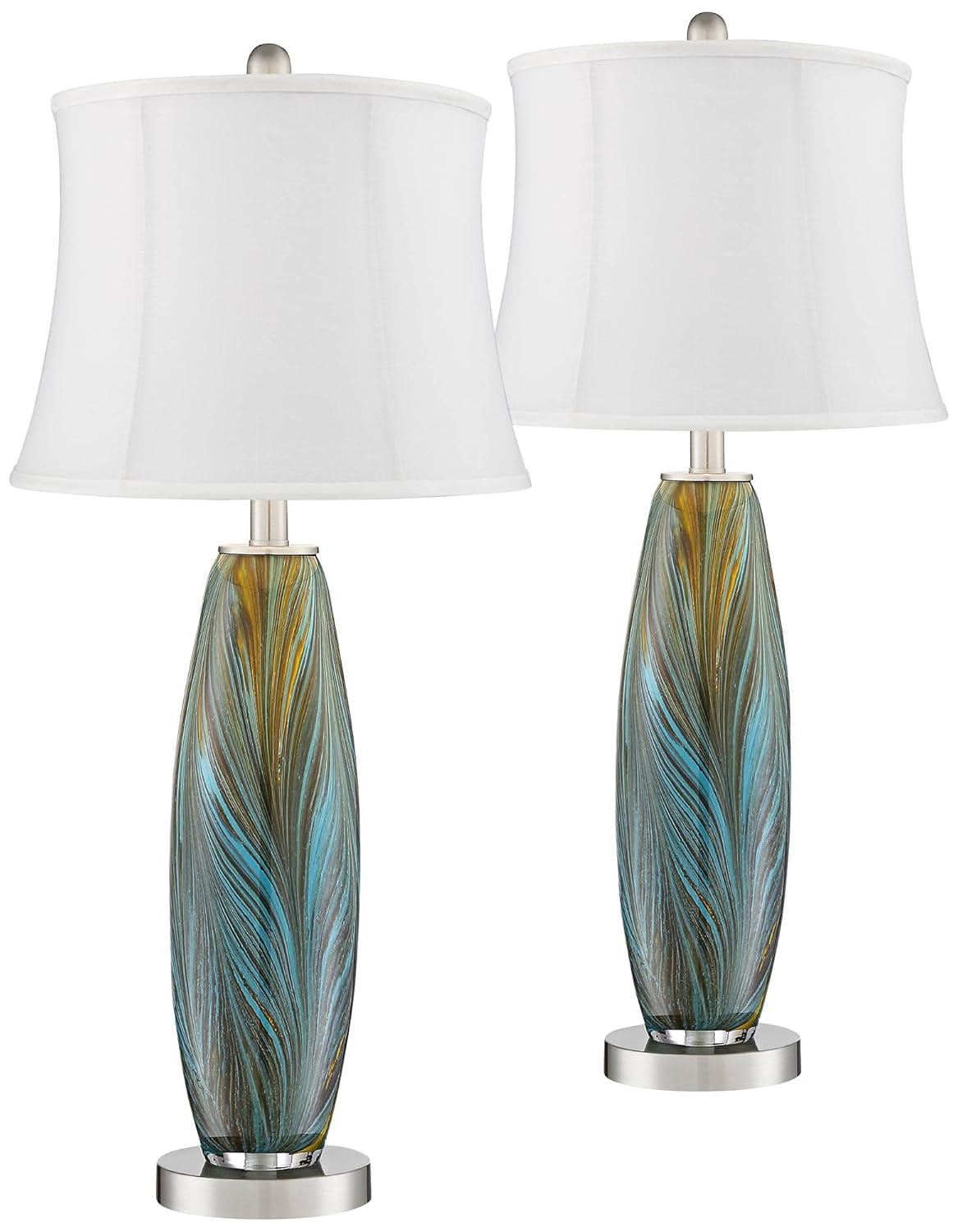 360 Lighting Azure Modern Table Lamps 26 3/4" High Set of 2 Blue Brown Art Glass White Softback Drum Shade for Bedroom Living Room Bedside Nightstand