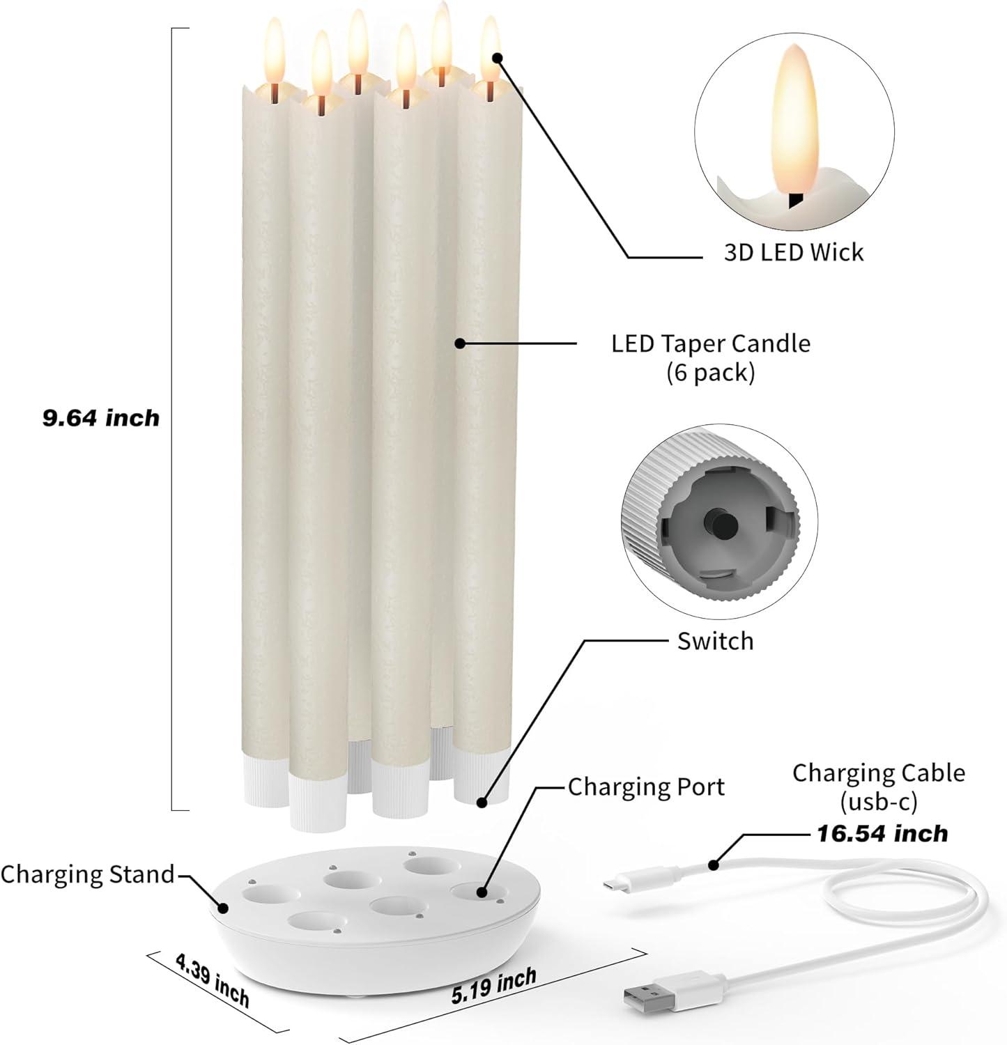 Rechargeable Flameless Taper Candles With Charging Station, 6 Pcs Real Wax LED Taper Candles Flickering With Remote&Timer, 3D Flame Candlesticks For Home Wedding Christmas Decor