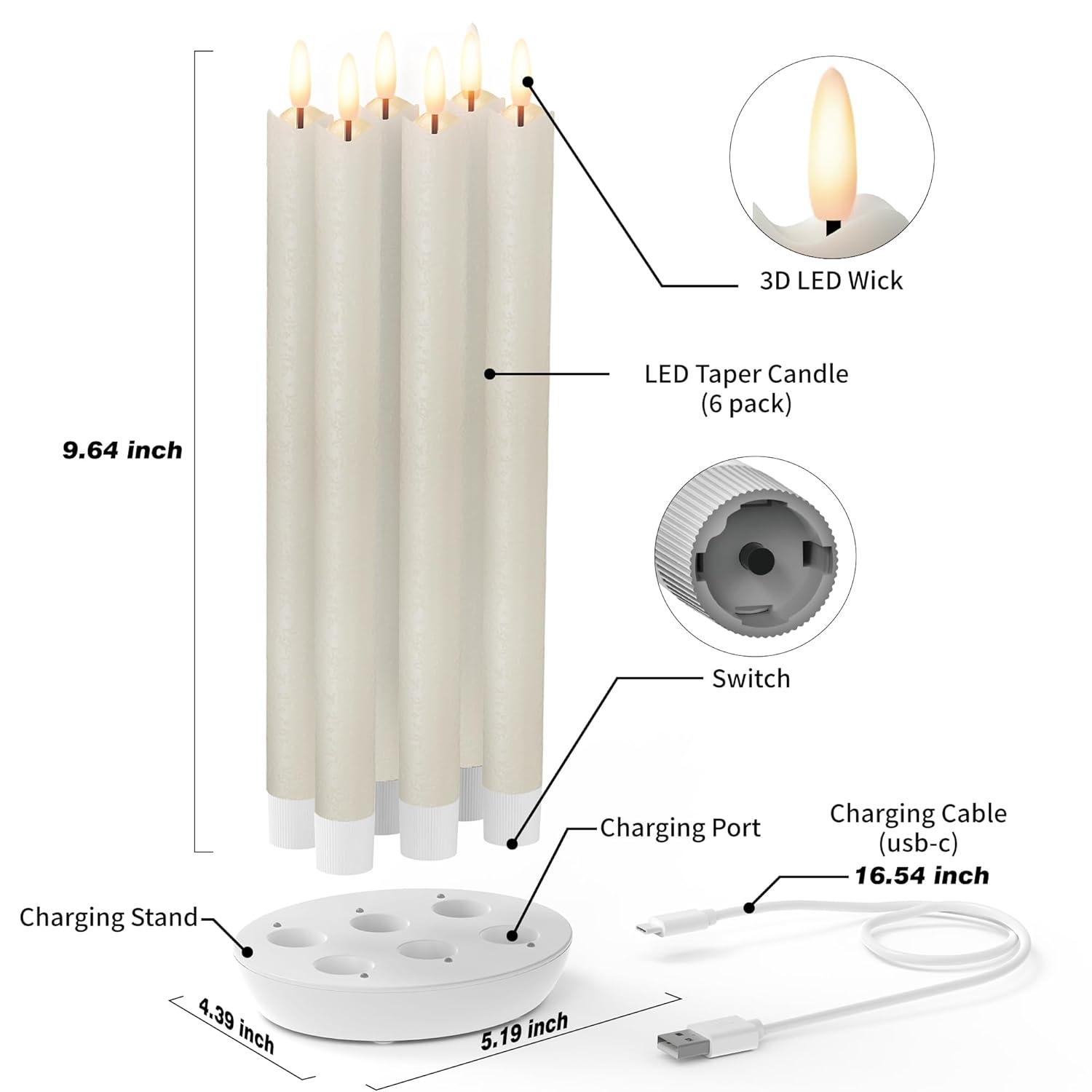 Rechargeable Flameless Taper Candles With Charging Station, 6 Pcs Real Wax LED Taper Candles Flickering With Remote&Timer, 3D Flame Candlesticks For Home Wedding Christmas Decor