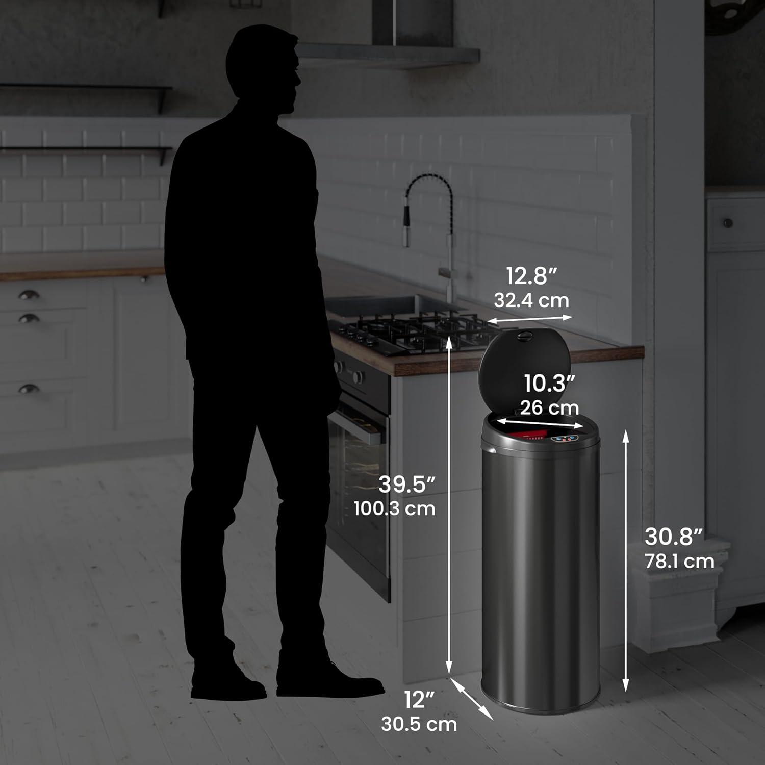 iTouchless Sensor Kitchen Trash Can with AbsorbX Odor Filter Round 13 Gallon Black Stainless Steel