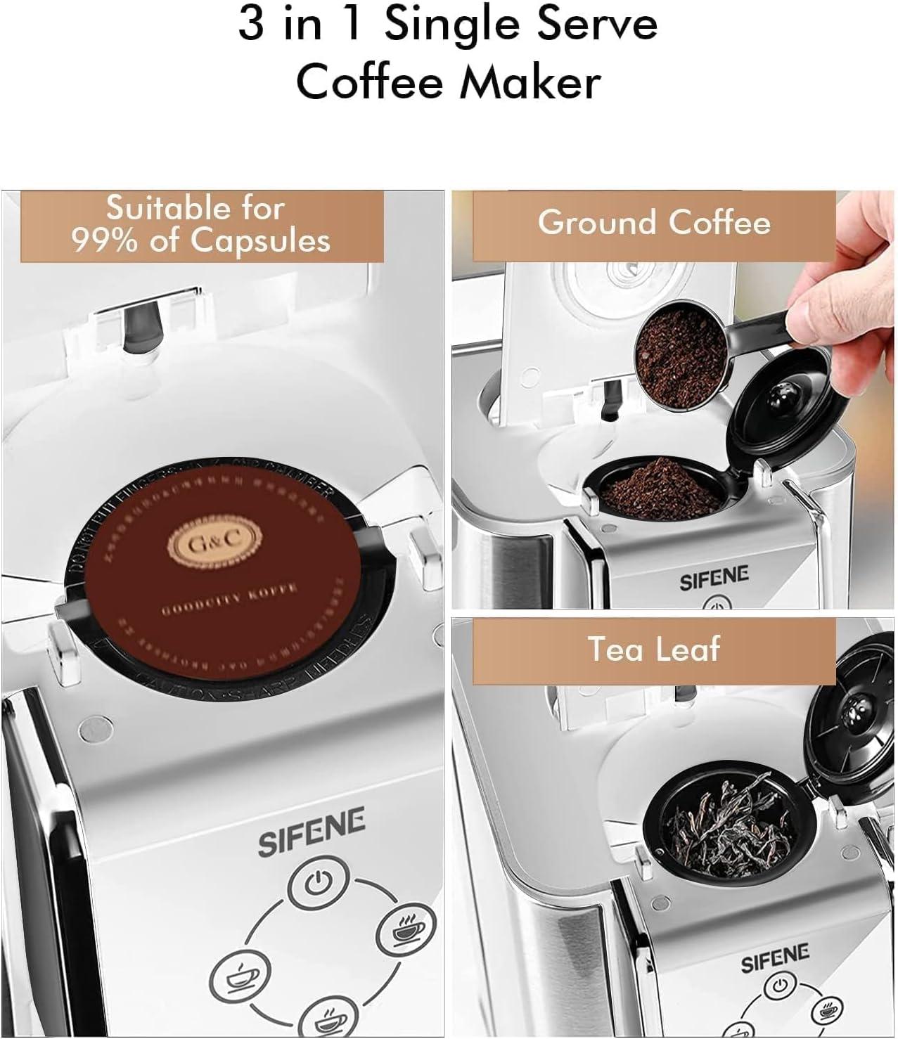 SIFENE 3-in-1 Single Serve Coffee Maker, Brew Ground Coffee, Tea, White, New