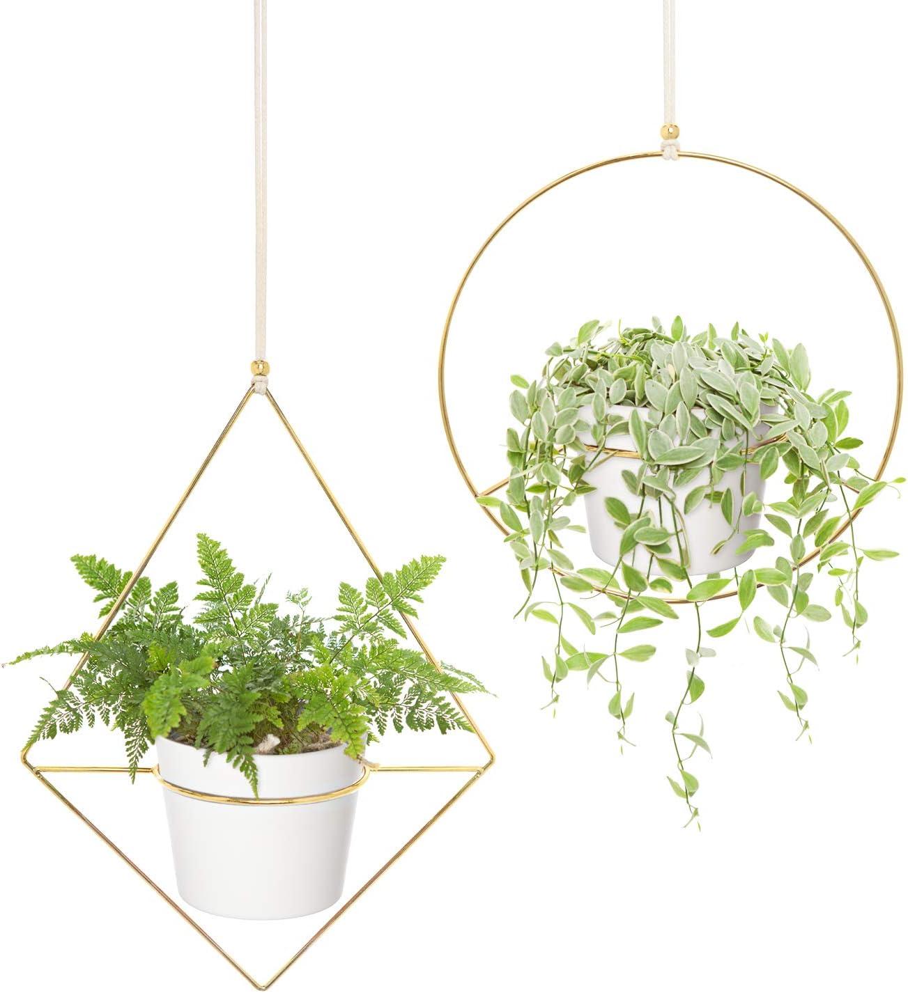 Gold Metal Hanging Planter Set with White Plastic Pots