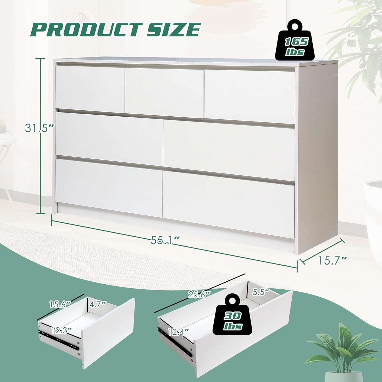 Ebern Designs White Dresser for Bedroom with 7 Drawers, Modern High Gloss Large Dresser with 7 Handle Free Drawers, 55 Inch Wooden Long Dresser, Storage Chest of Drawers